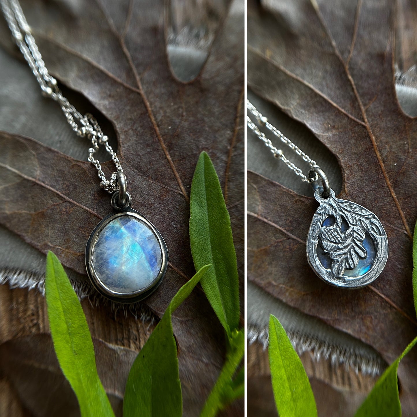 Rainbow moonstone hidden oak & acorn necklace- Sterling silver jewelry