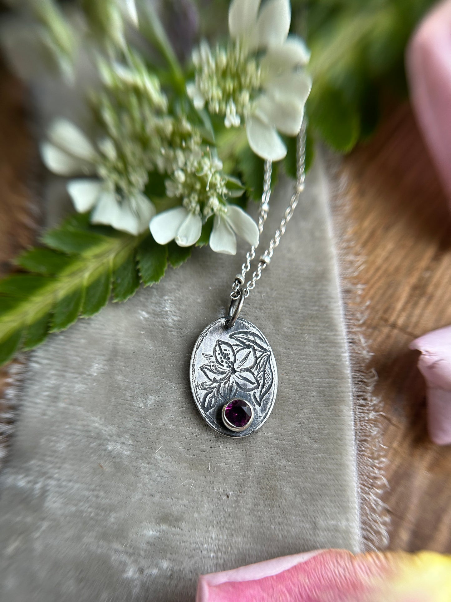 Azalea with rhodolite garnet necklace- Sterling silver jewelry