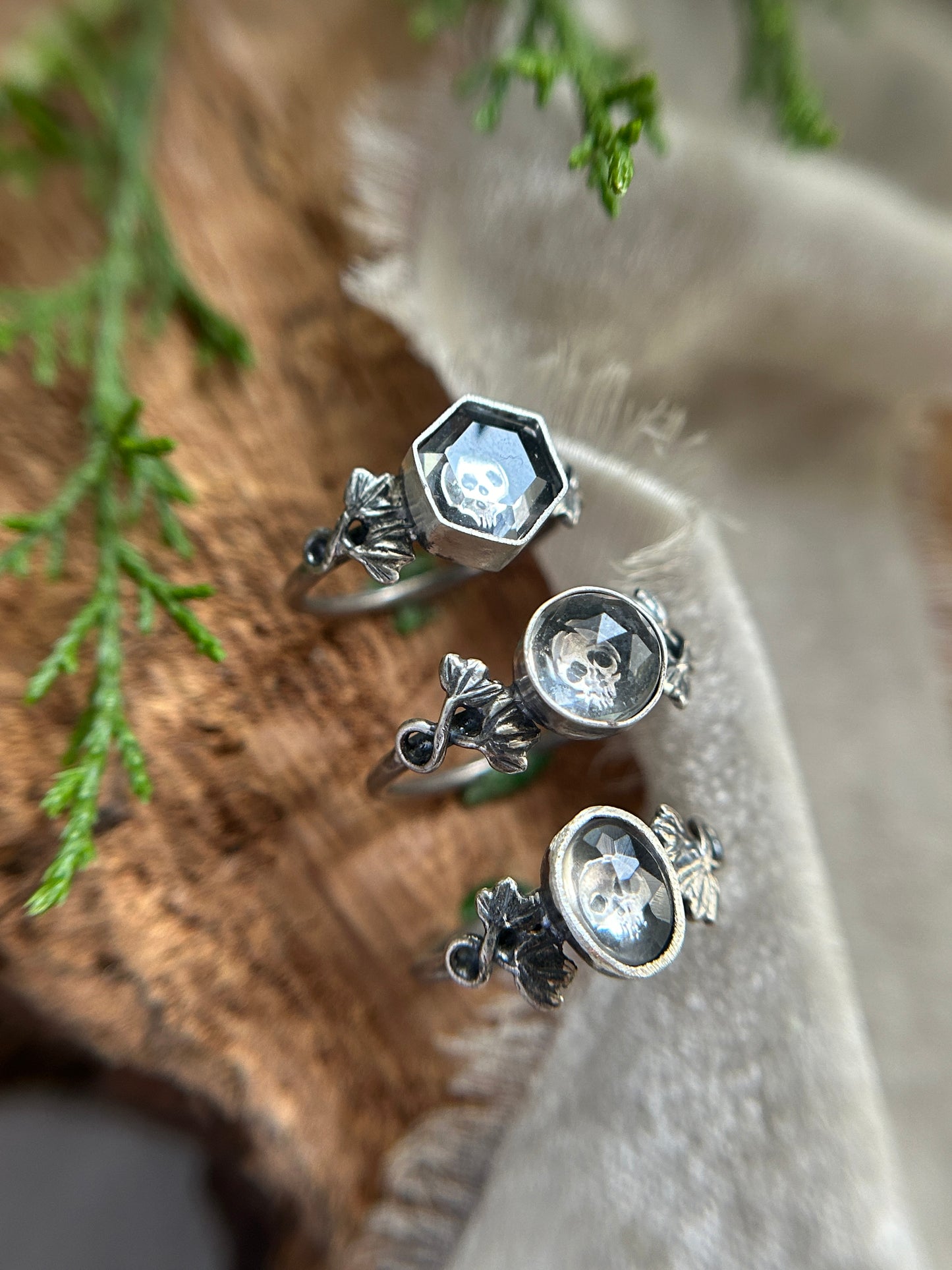 Skull & ivy ring finished to size -memento mori sterling silver with quartz