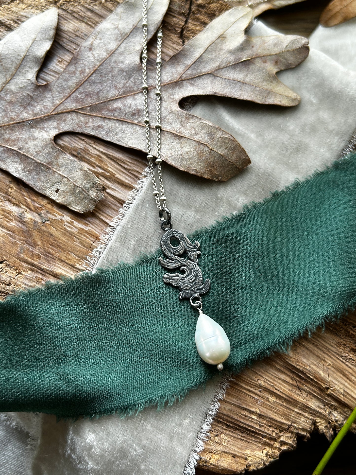 Sea Serpent Dragon with Baroque Pearl Necklace- sterling silver jewelry