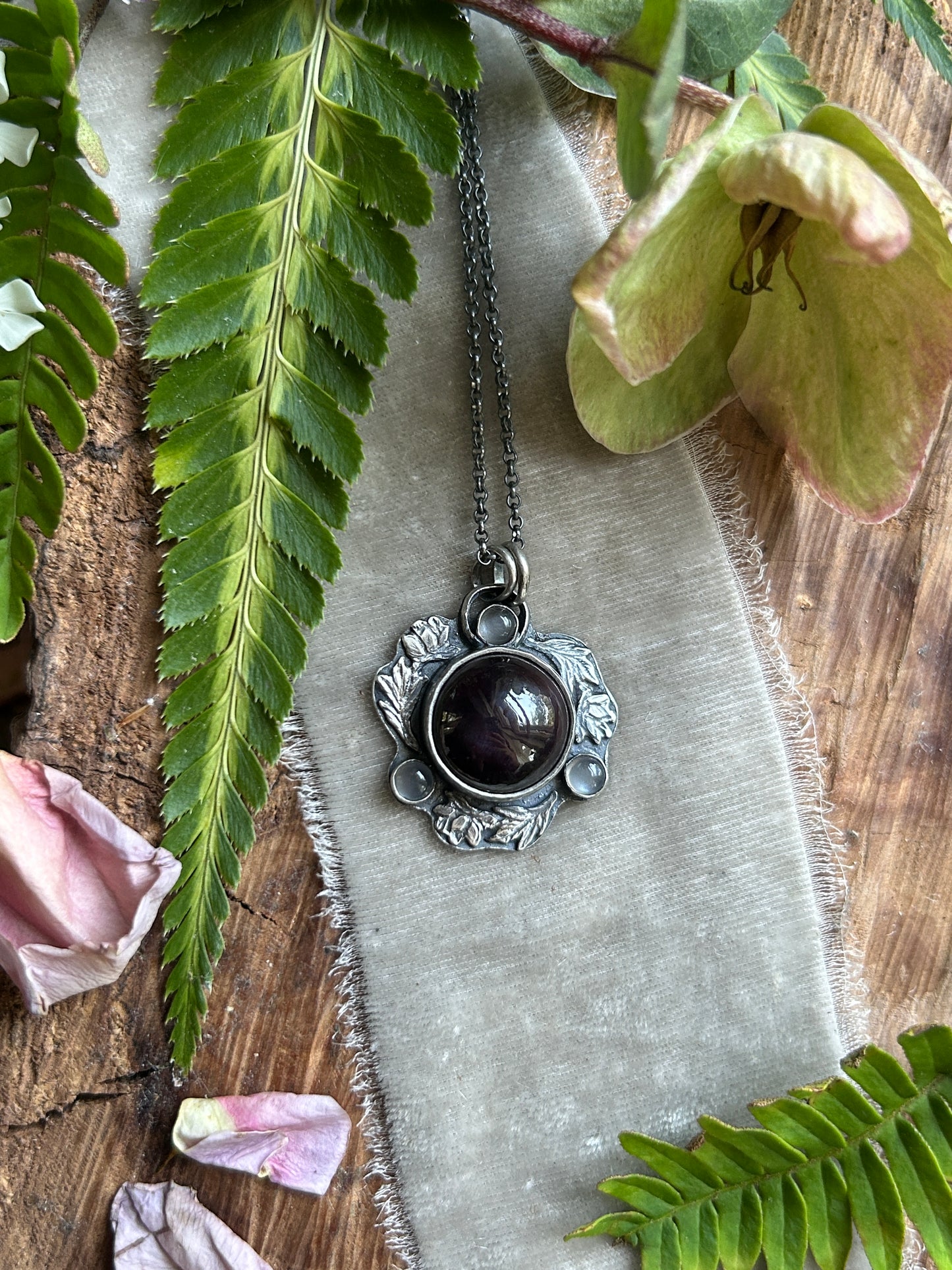 Star garnet and grey moonstone hellebore flower necklace- Sterling silver jewelry