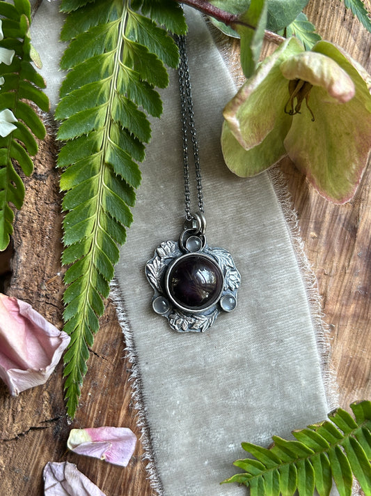 Star garnet and grey moonstone hellebore flower necklace- Sterling silver jewelry
