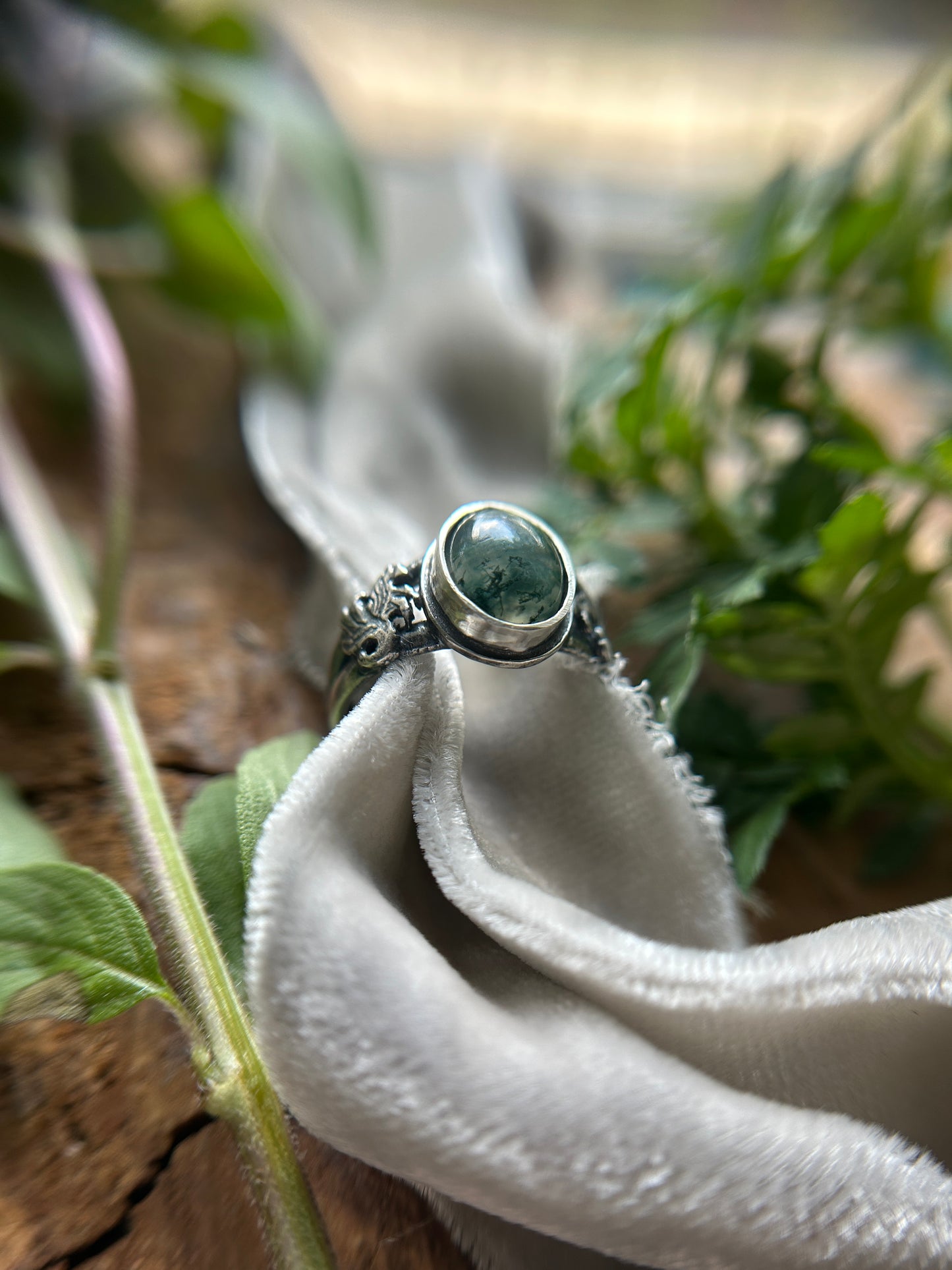 Kelpie Ring with Moss Agate- sterling silver jewelry