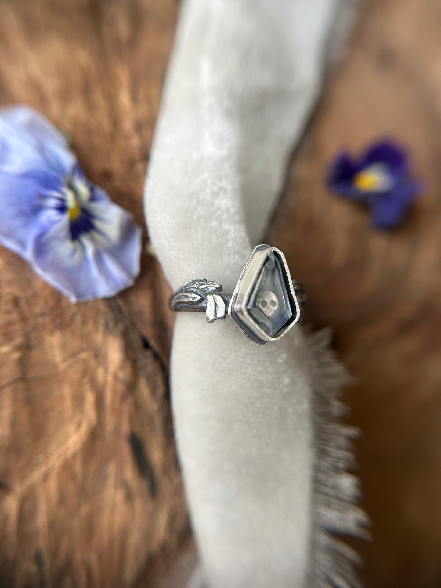 Snowdrop Skull with Portrait Cut Rainbow Moonstone -sterling silver ring finshed to ring size