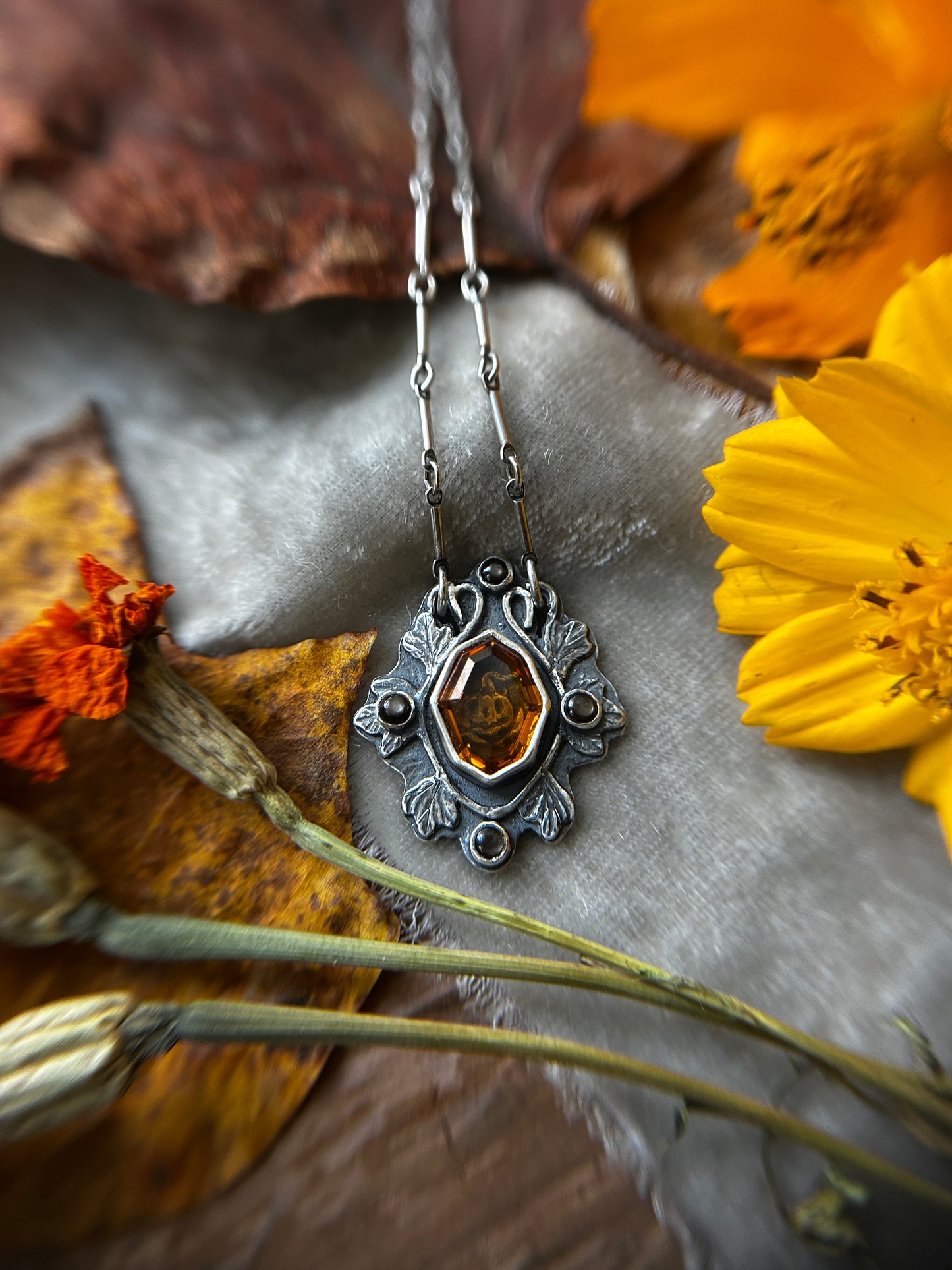 All Hallows Eve Jack-o-lantern necklace with santa ana madiera citrine stone- sterling silver jewelry