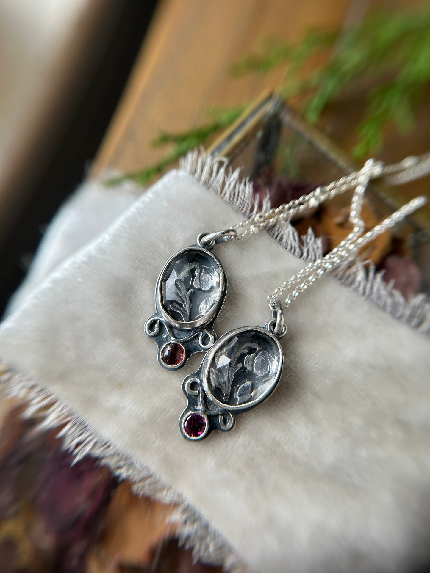 "mini" enchanted rose under quartz with garnet- sterling silver necklace