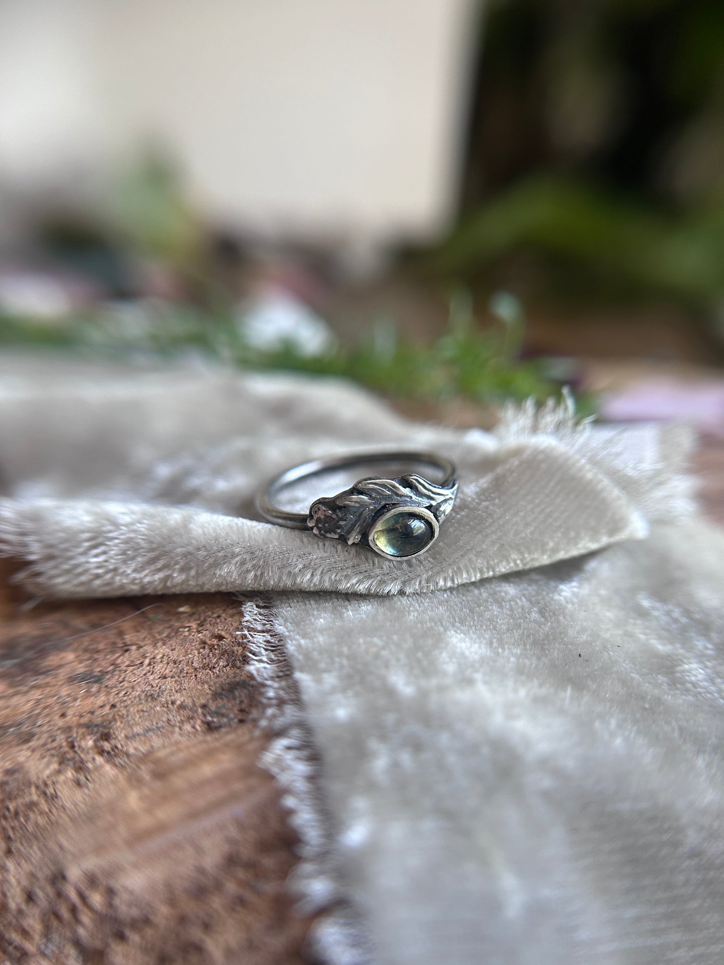 Meadowsweet sprig with songea sapphire ring- Sterling silver jewelry