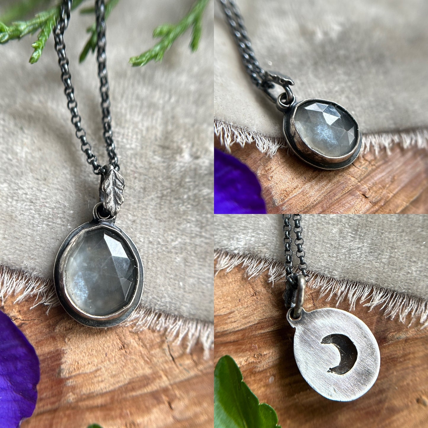 Simple Leaf Gemstone Necklace- choice of black moonstone, grey moonstone, or labradorite