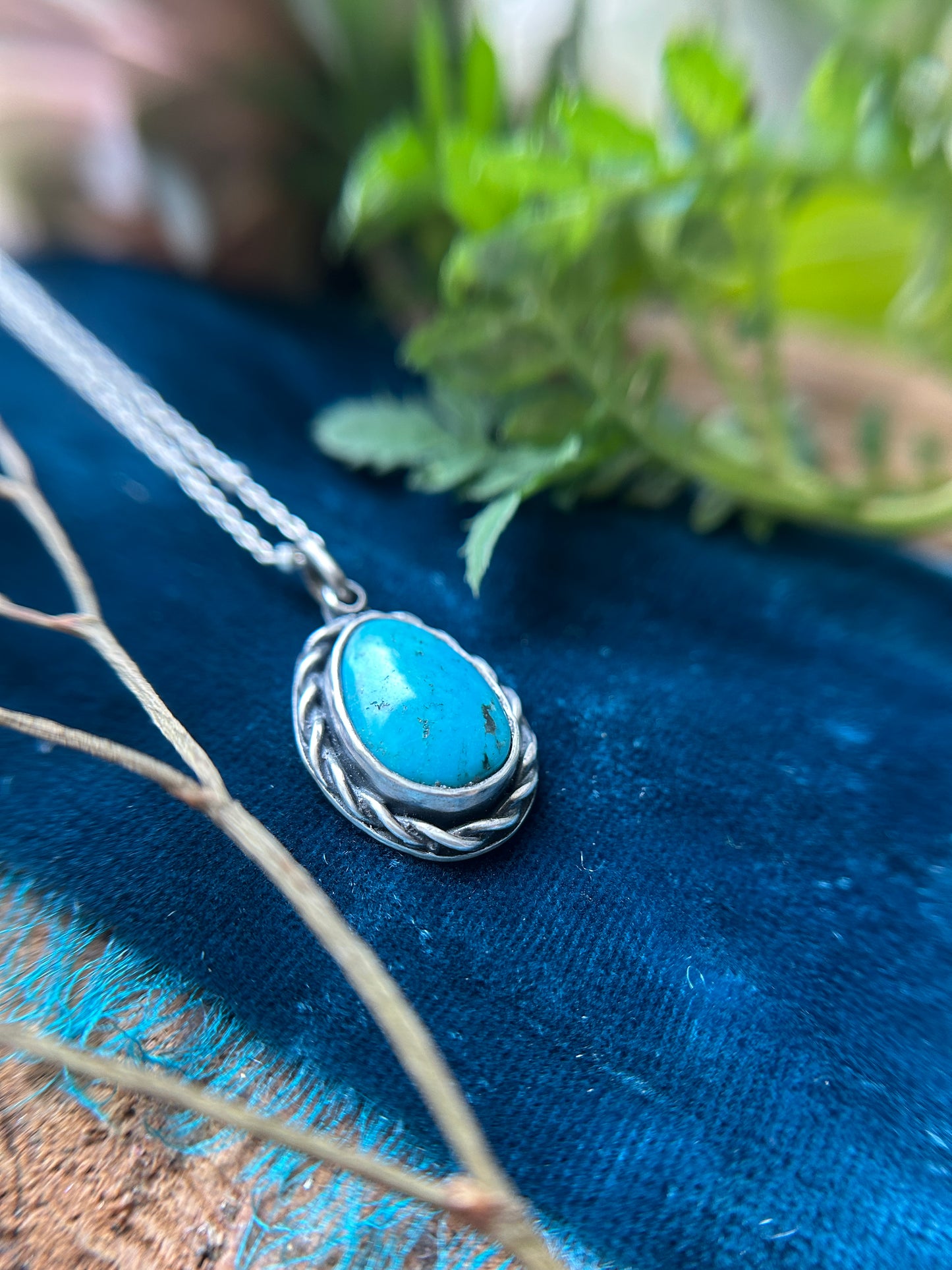 Blue Turquoise with hidden bluebird Necklace- sterling silver jewelry