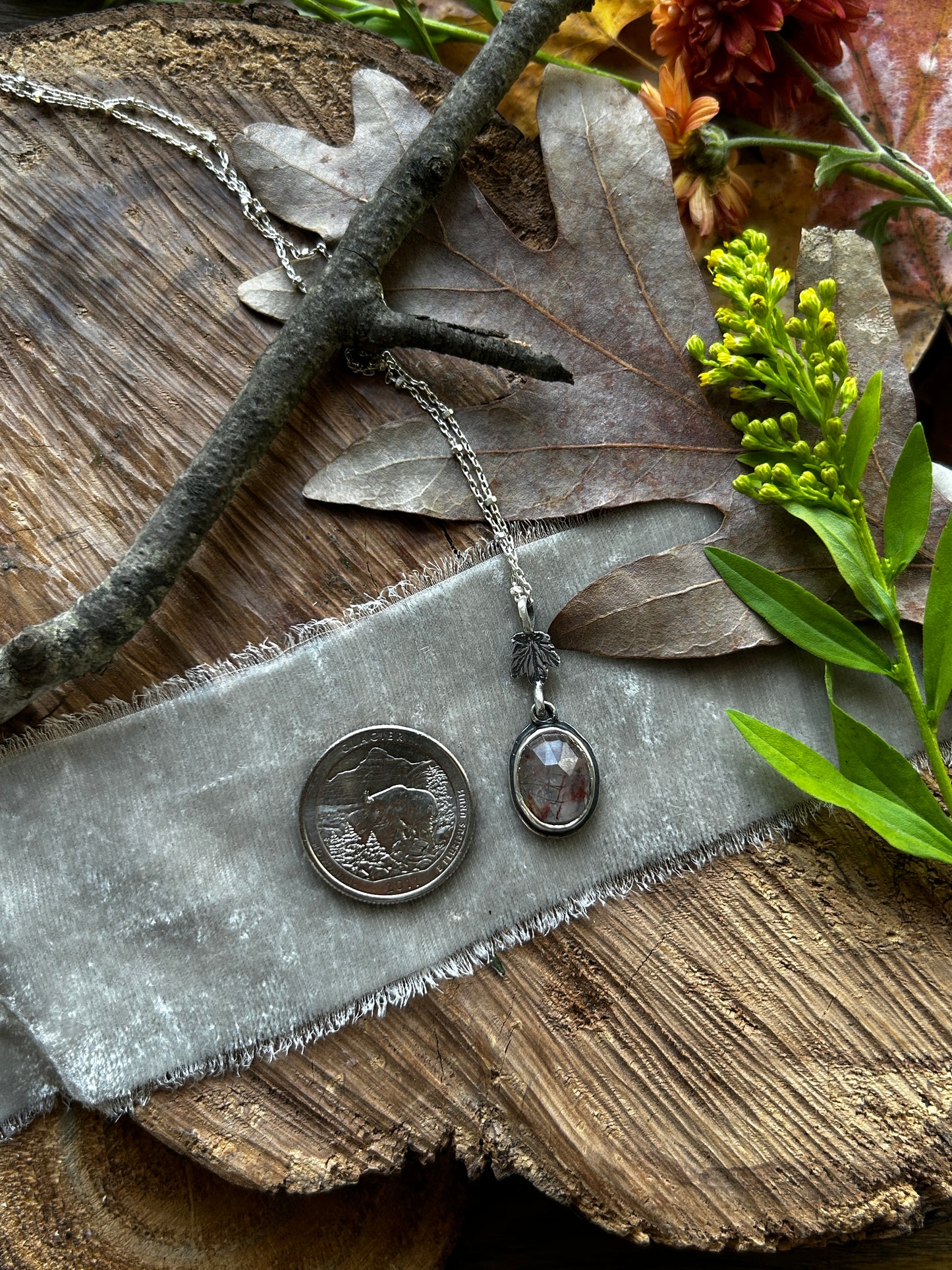 Red Rutilated Quartz Necklace with Maple Leaf & hidden tree detail- sterling silver jewelry