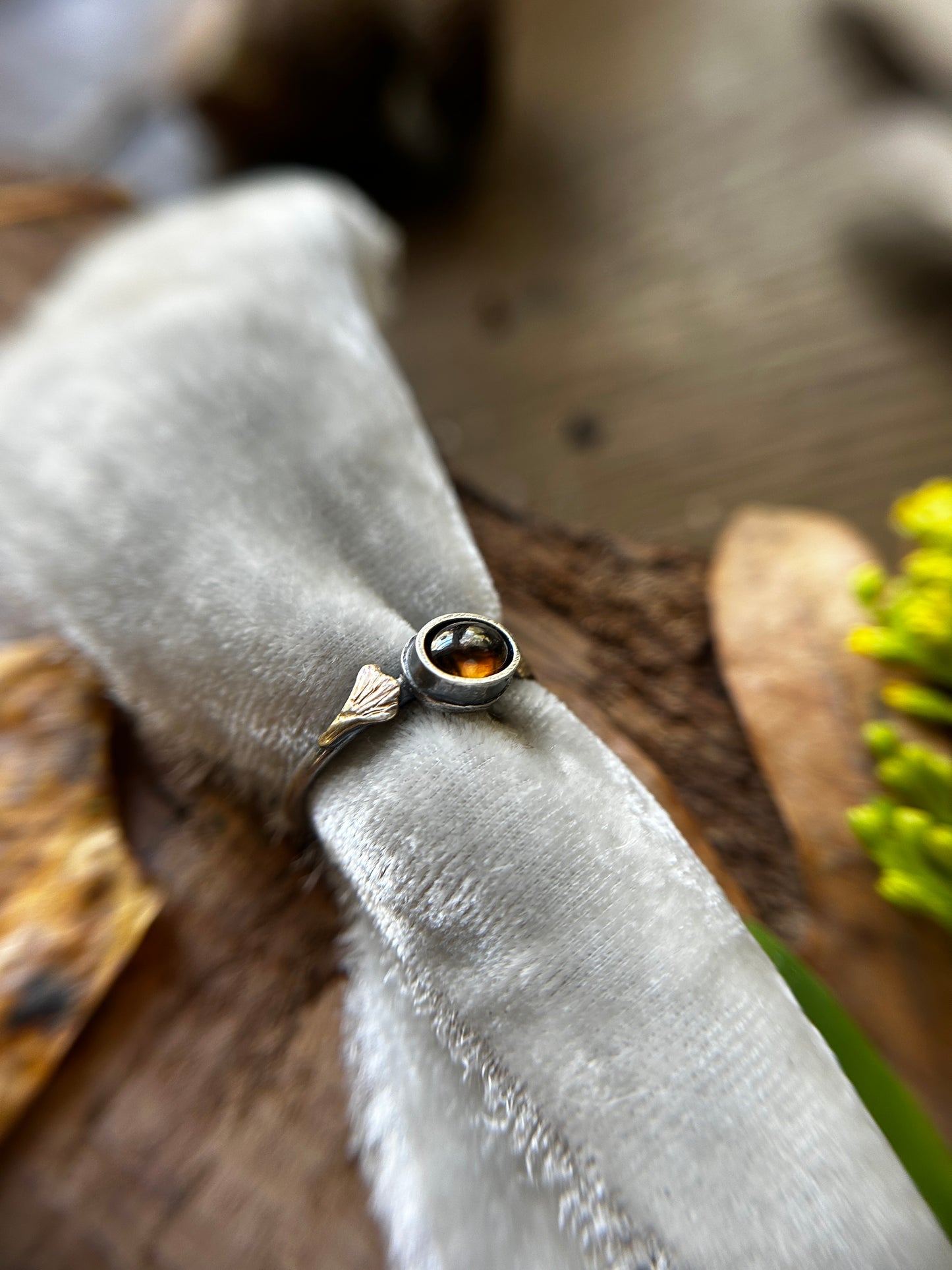 Ginkgo Leaves and Imperial Topaz Ring- sterling silver and brass jewelry