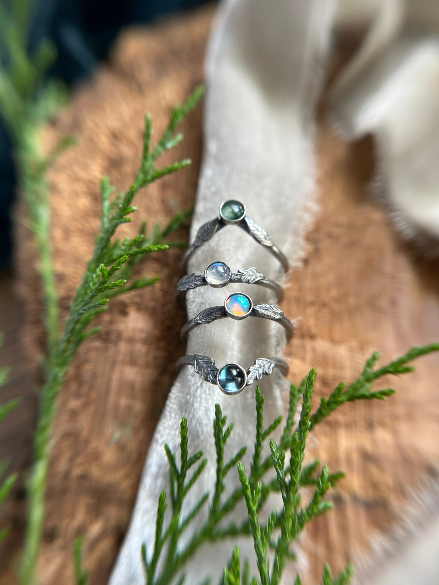 Winter woodland stacker rings- choice of gemstone, leaves, and ring size