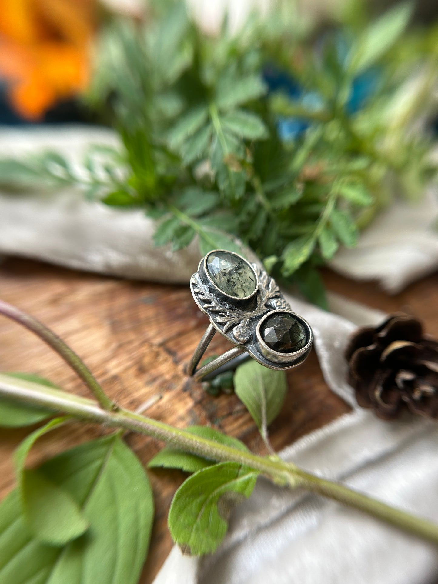 Eastern Hemlock Branches with Prehnite and Peridot ludwigite Ring- sterling silver jewelry