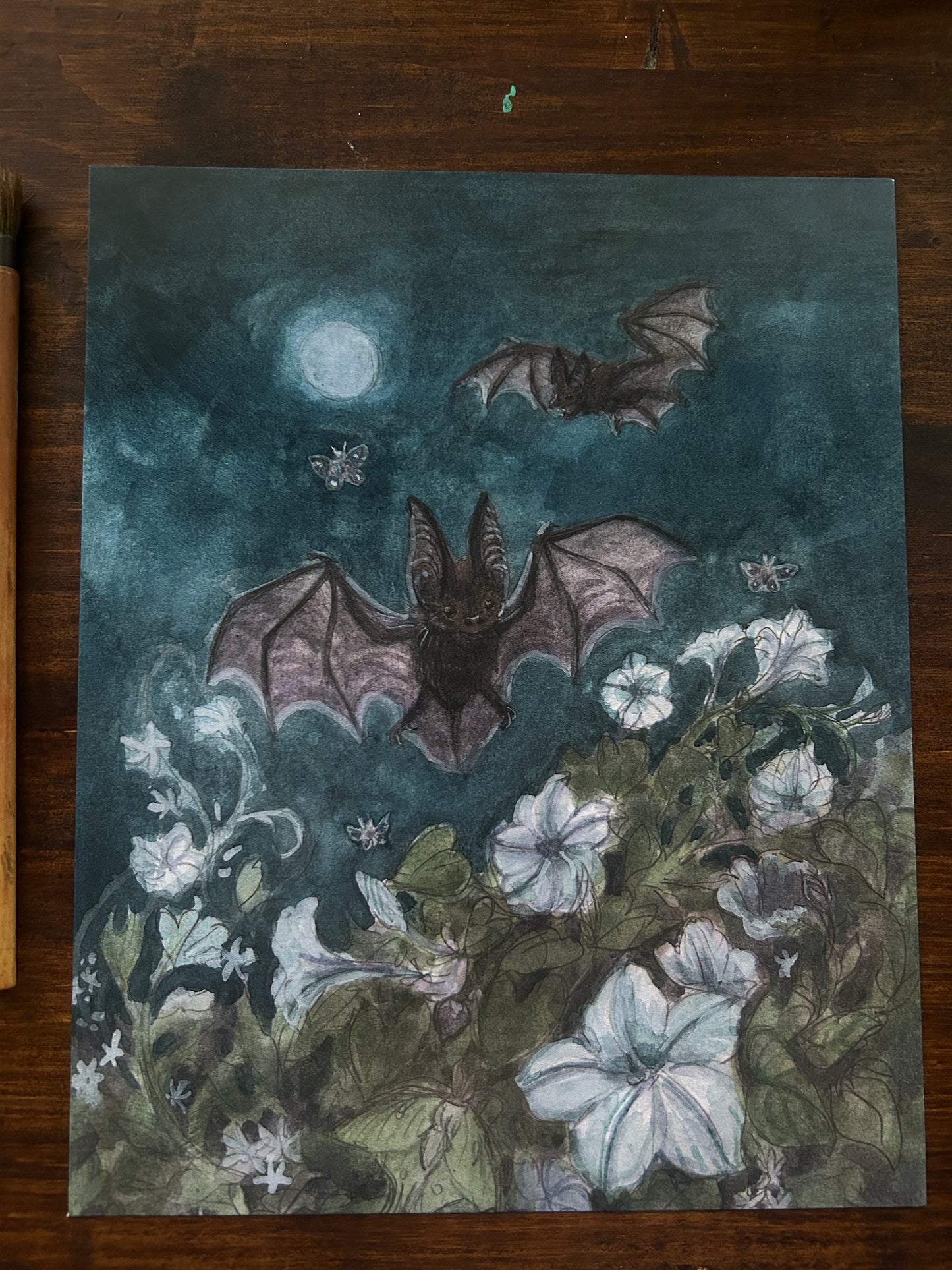 Art print-moonlit garden among bats & moths with moonflowers and star jasmine- 8x10 inches watercolor print