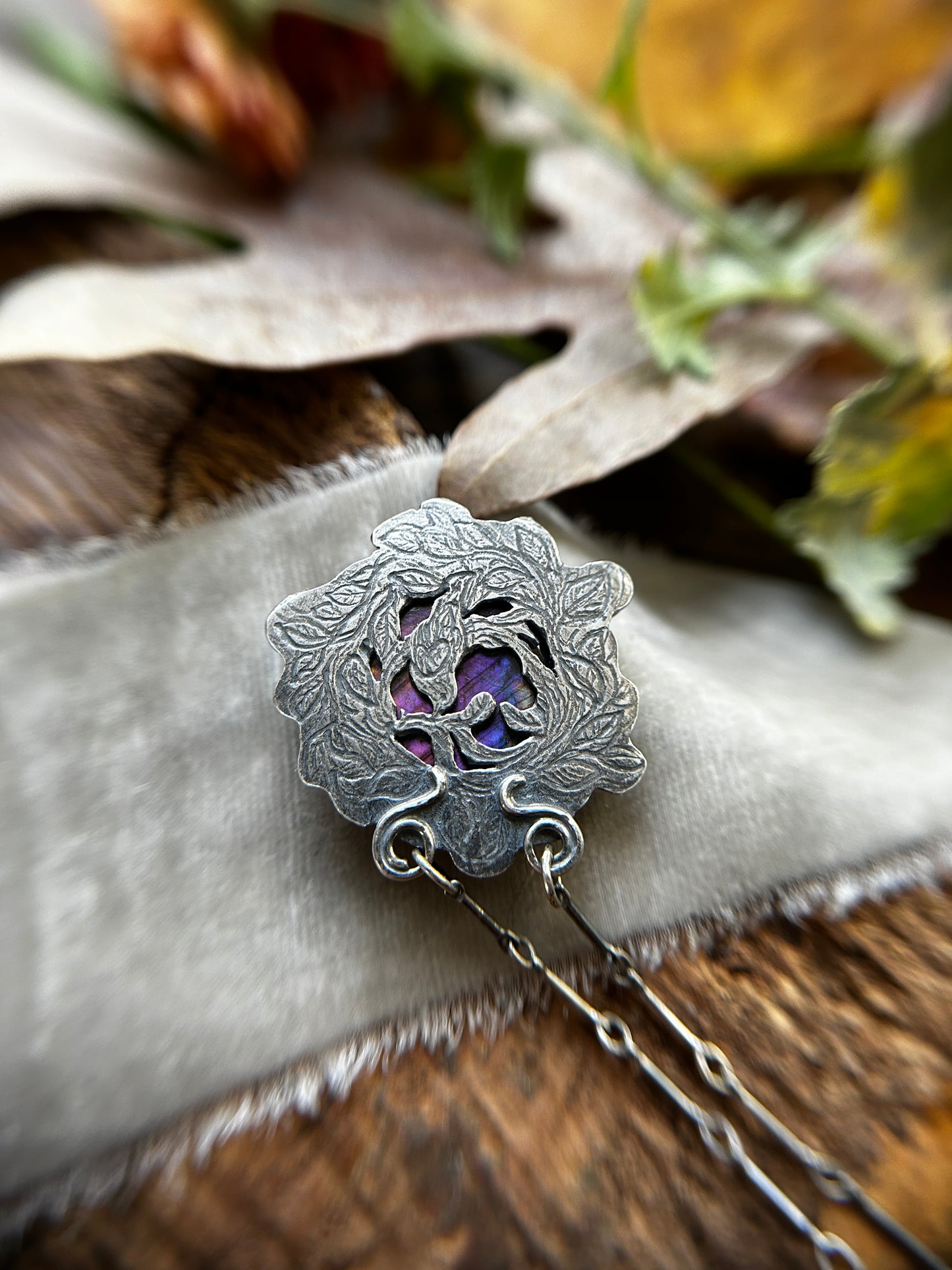 Autumnal Blackberry Vines with Purple Labradorite and Black Onyx- Sterling silver and copper jewelry