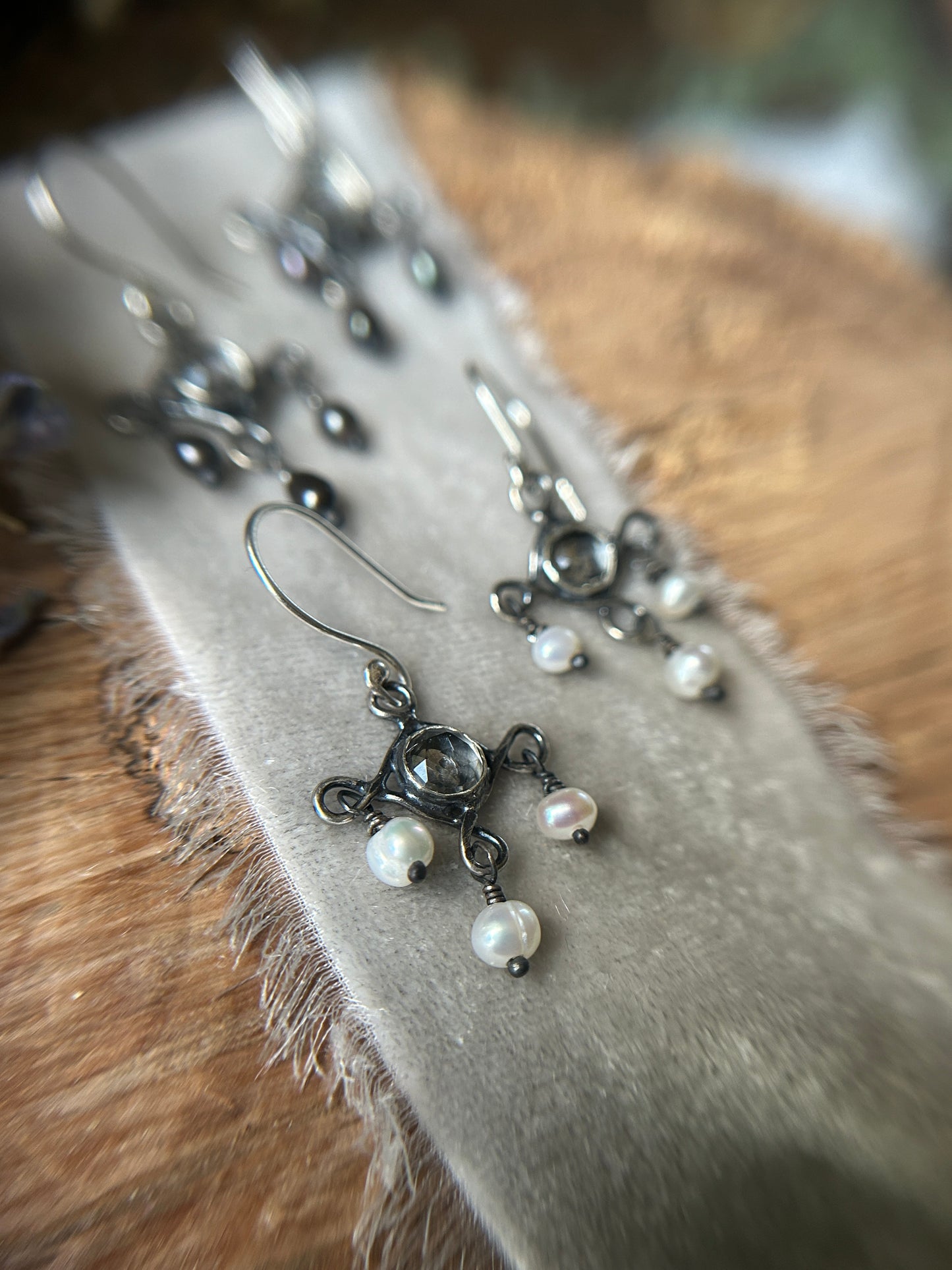 Skull Chandelier Earrings with black or white pearls- sterling silver memento mori jewelry