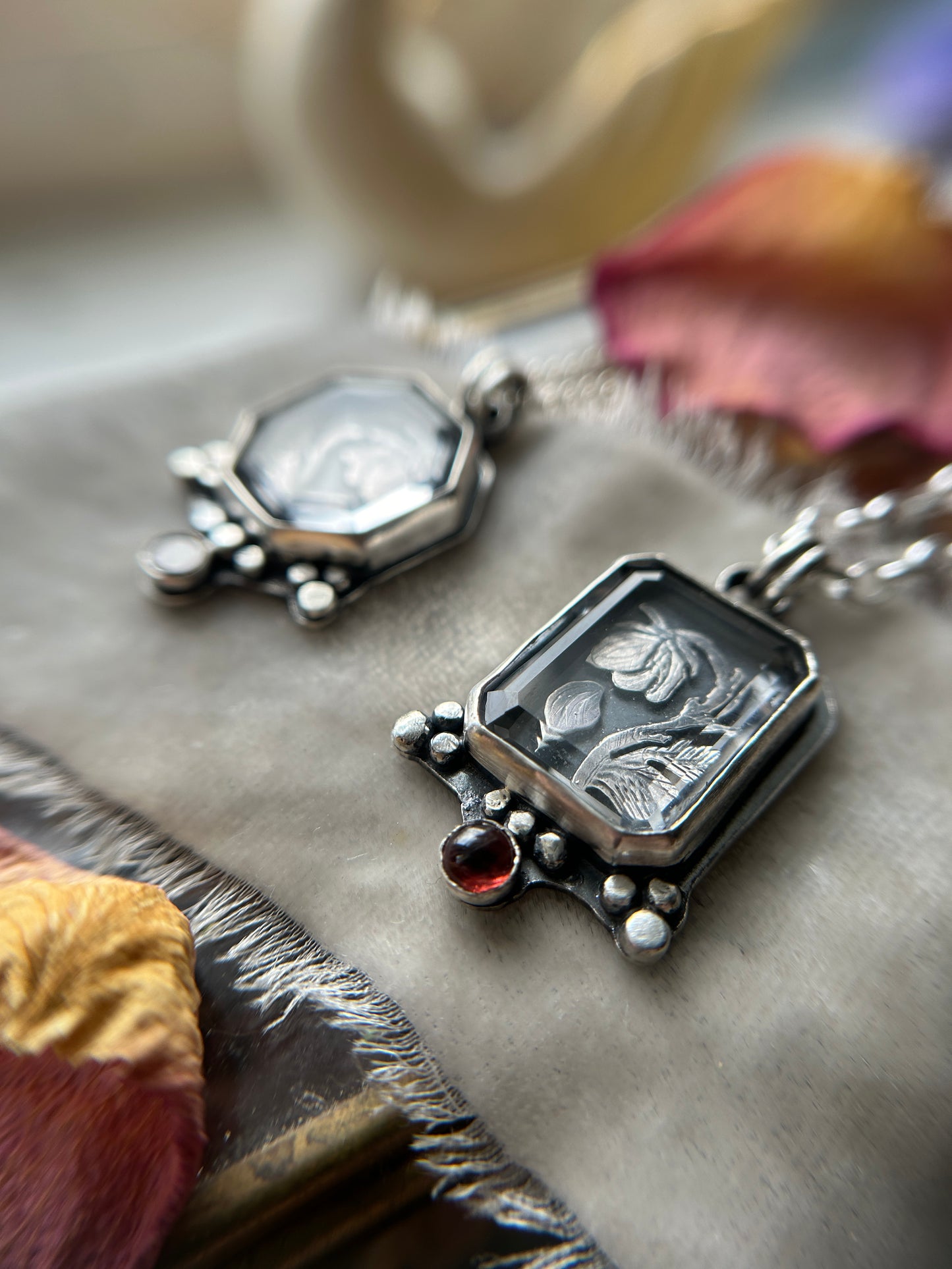 Enchanted Rose under Portrait Cut Quartz with garnet- sterling silver necklace