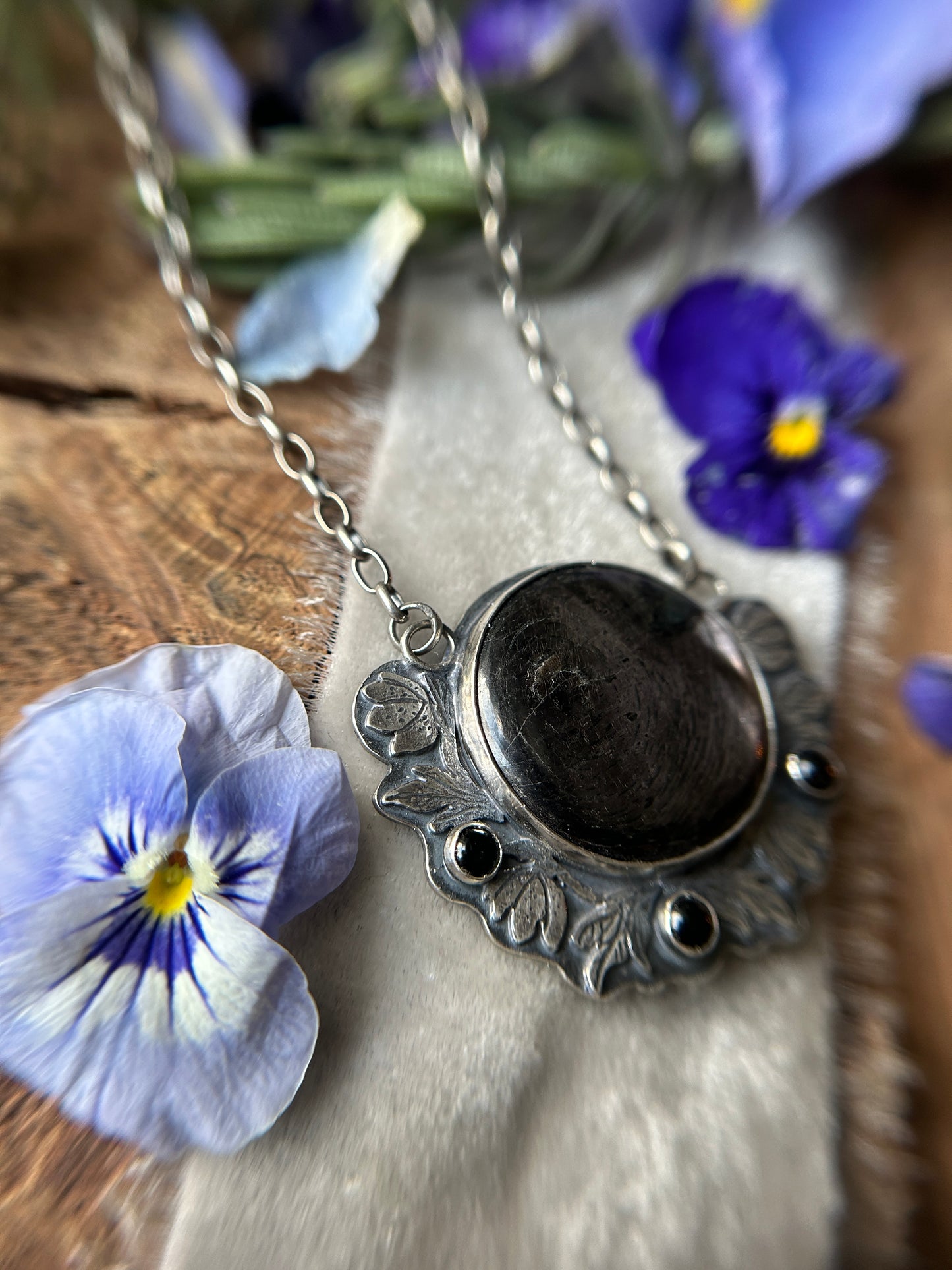 Hellebore Flowers with Hypersenthe and Black onyx- sterling silver necklace with adjustable chain