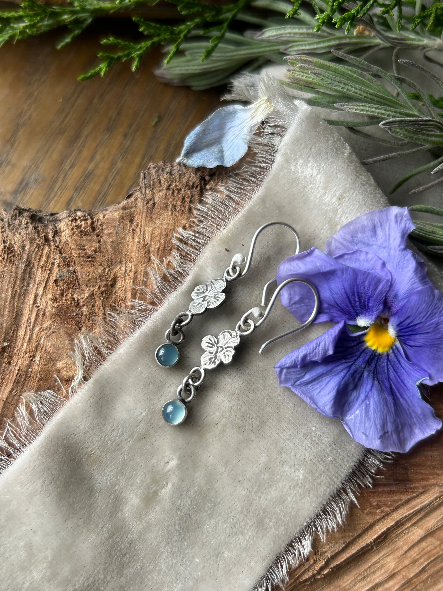 Pansy Flower Chalcedony Earrings- Sterling silver jewelry