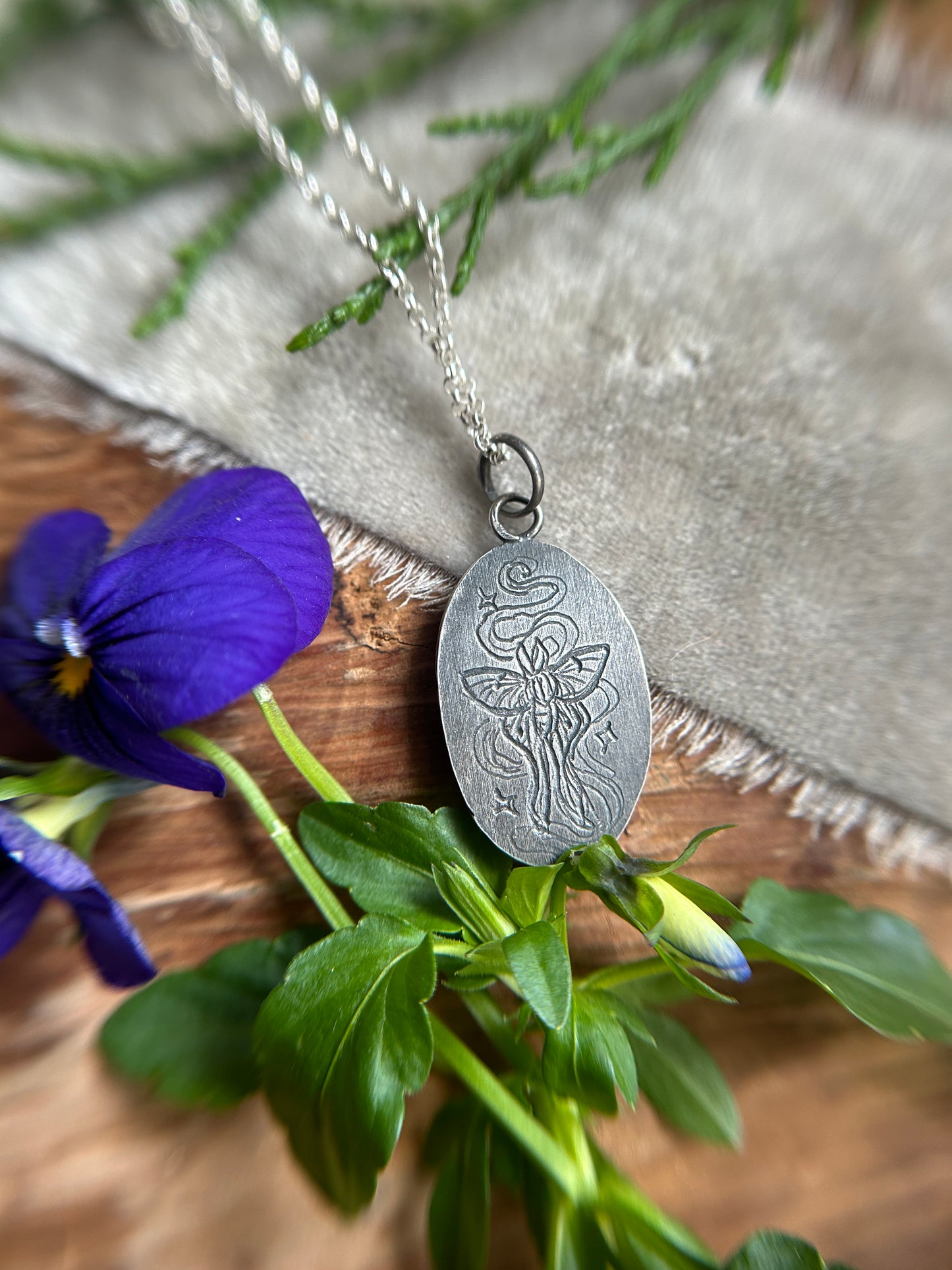 Moonlit Willow Pendant with rainbow moonstone and luna moth back detail