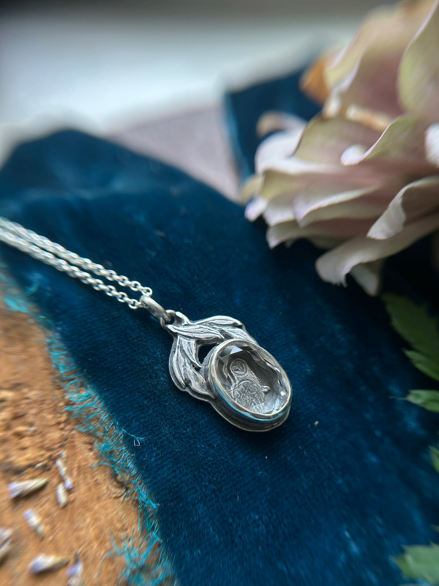 Barn Owl with Willow Tree under portrait cut quartz Necklace- sterling silver jewelry