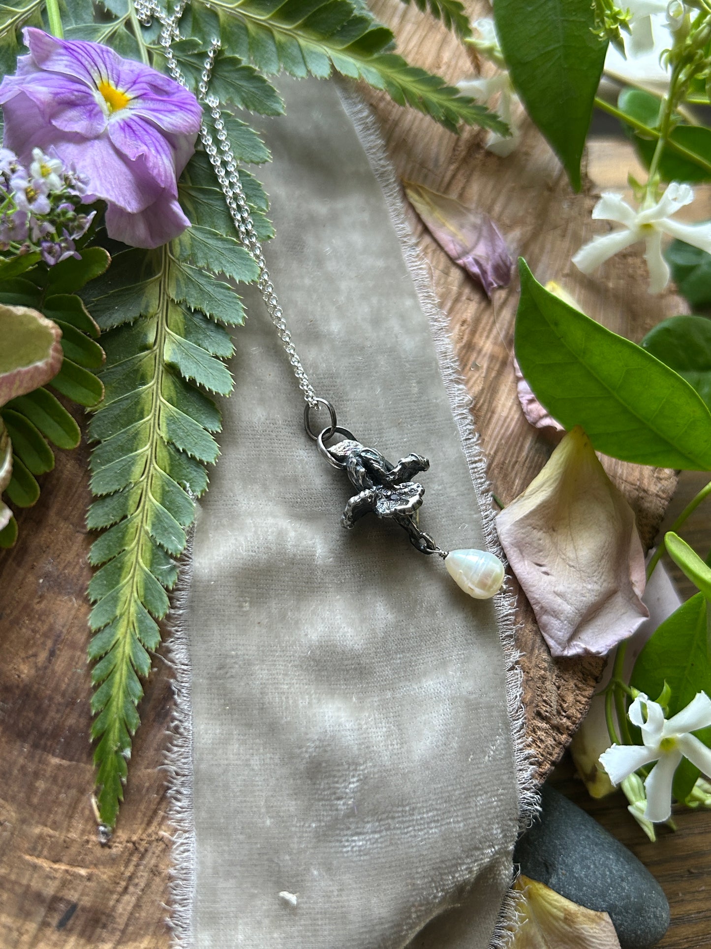 Iris with amethyst and baroque pearl drop necklace- Sterling silver jewelry