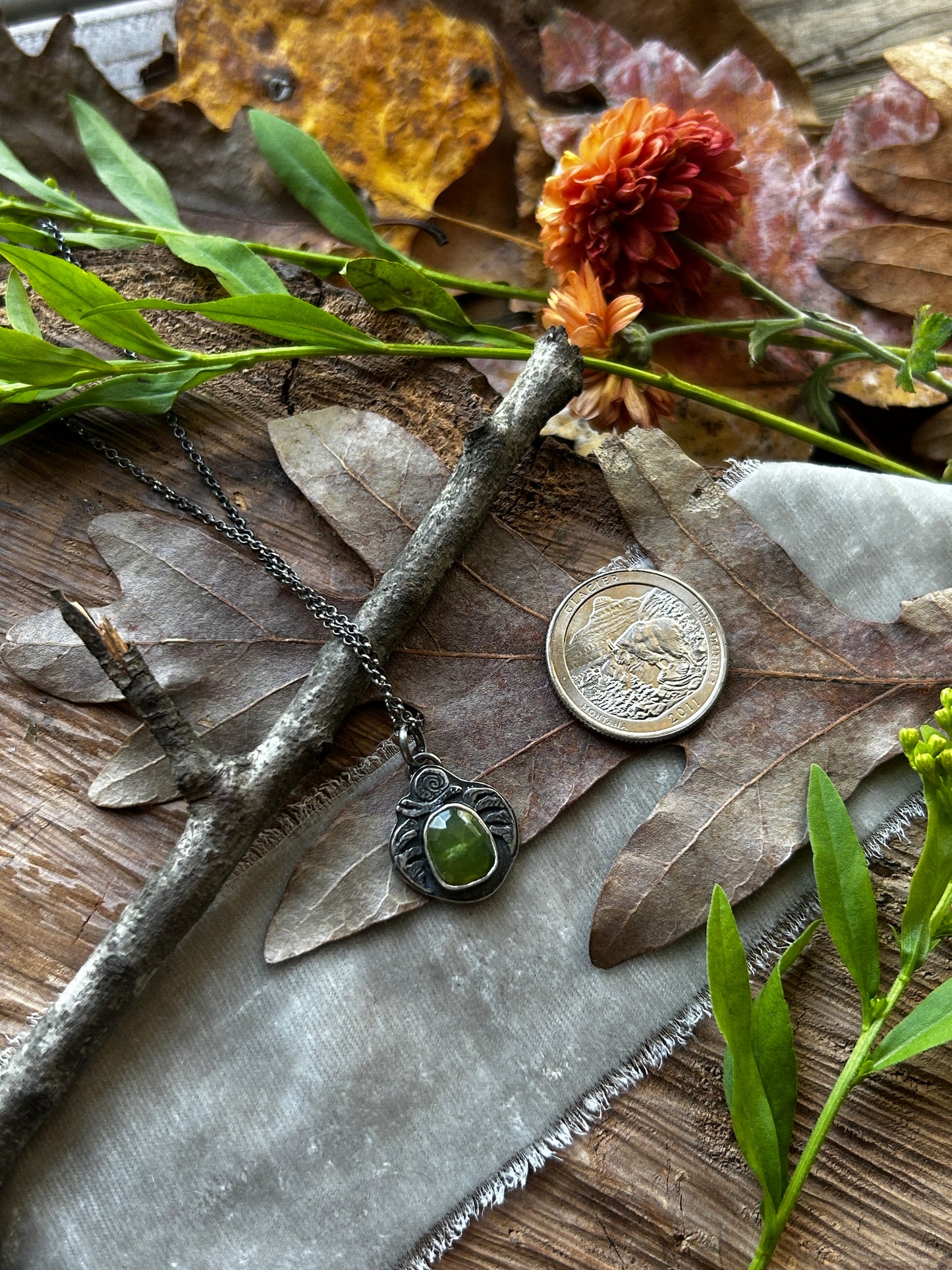 Fern Snail with Vesuvianite Necklace- sterling silver jewlery