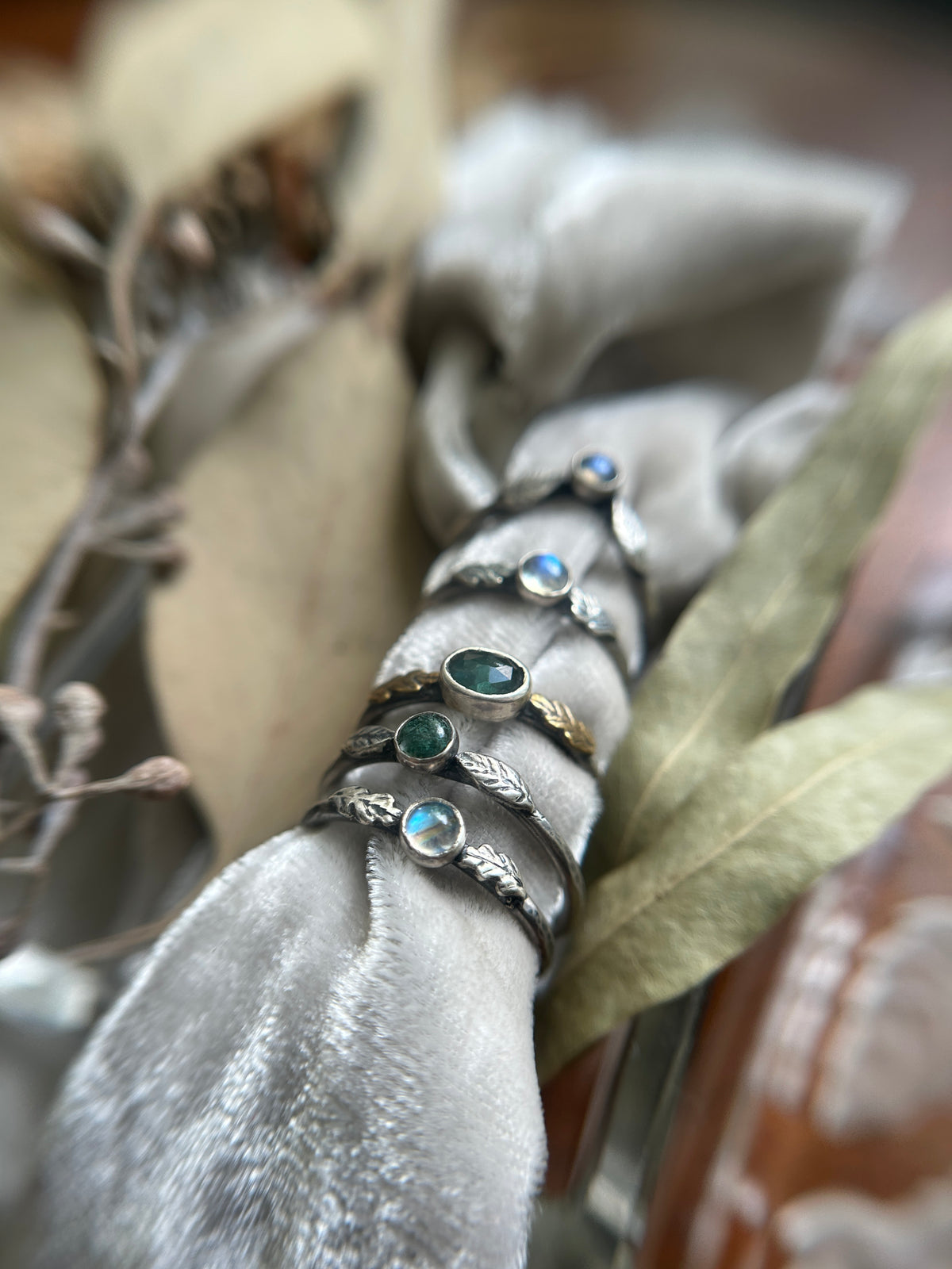 Ready to ship Woodland Leaf Rings- assorted gemstones- sterling silver jewelry
