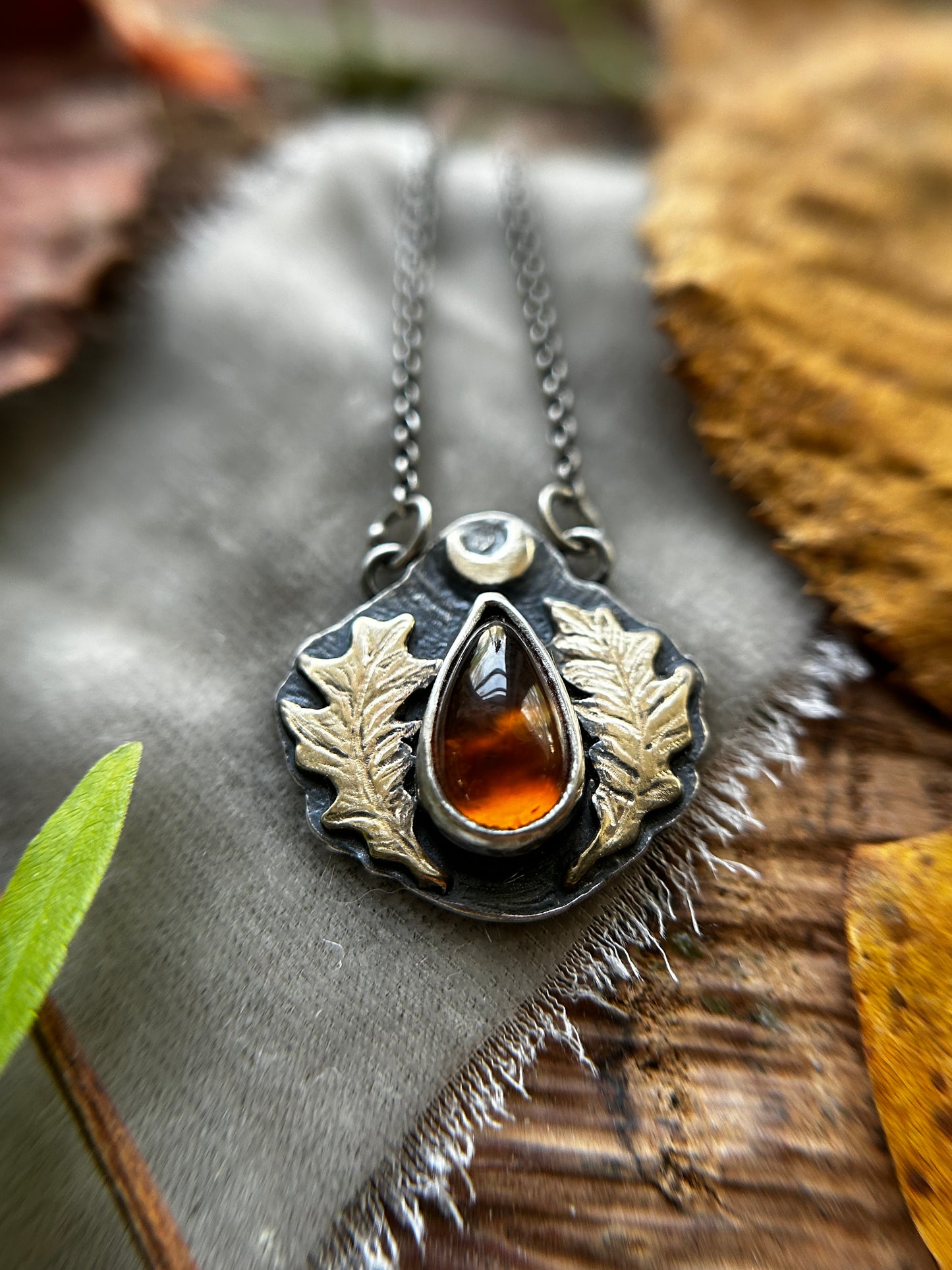 Oak Moon with Hessonite Garnet Necklace- Sterling silver and brass jewelry