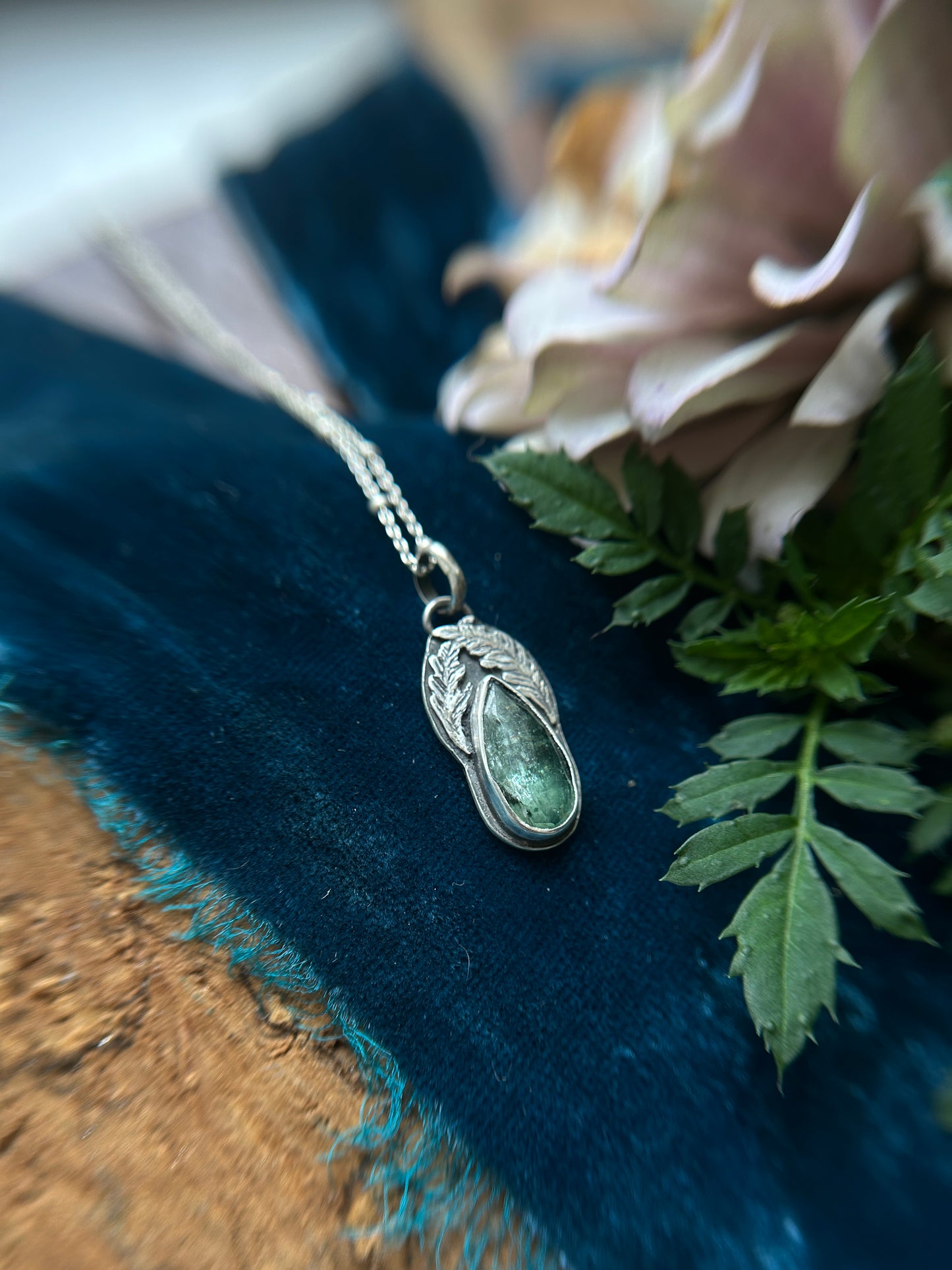Fern Hollow with Green Kyanite and hidden fox Necklace- sterling silver jewelry