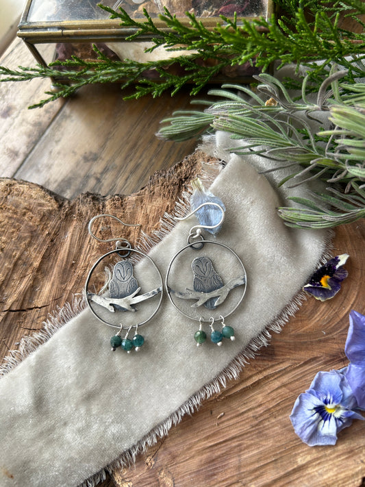 Barn owl earrings in tourmaline with sterling silver