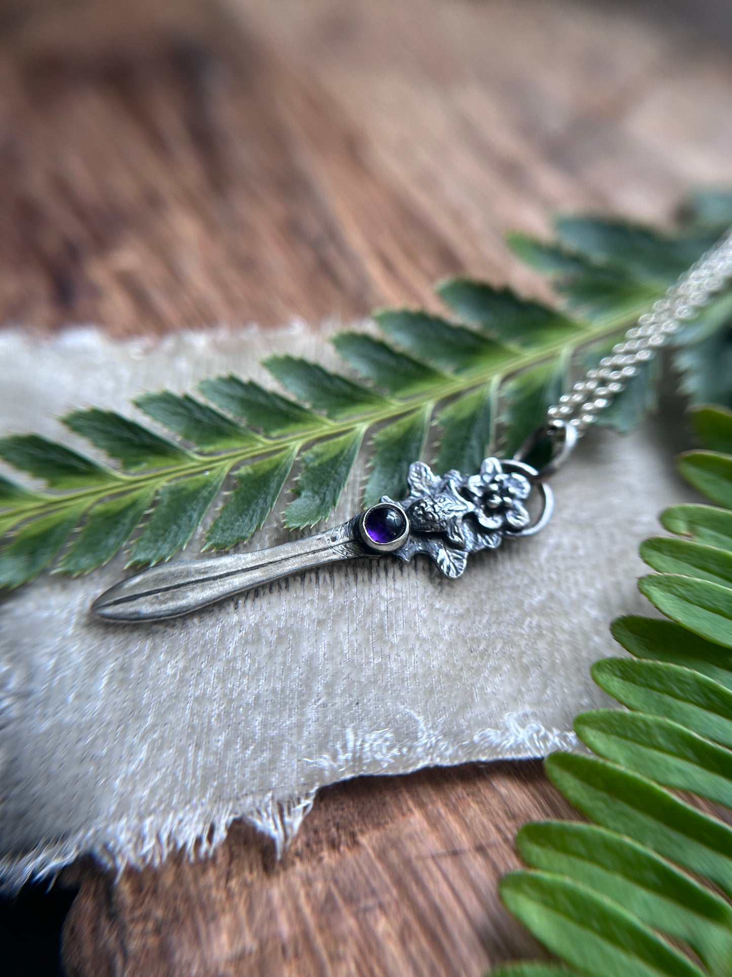Blackberry bramble sword necklace with amethyst- Sterling silver jewelry