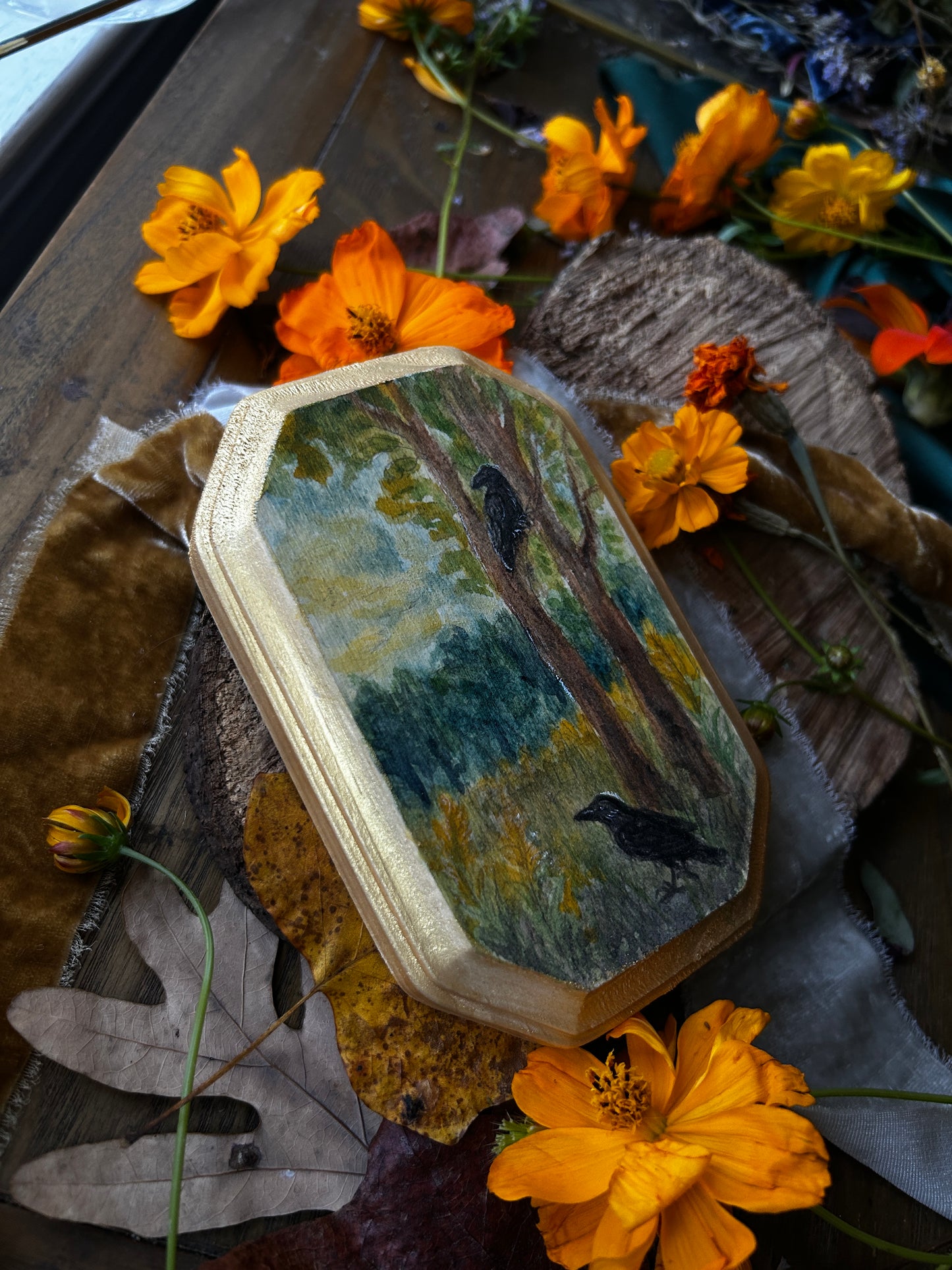 Original miniature watercolor painting on wood- ready to display art- deer fawn, barred owls, crows, autumn forest, goldenrod, blackberry bramble