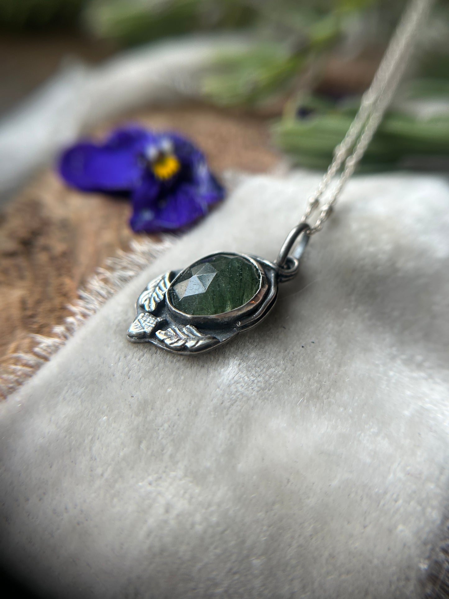 Green Rutilated Quartz Oak and Acorn Necklace with hibernating bear back- sterling silver jewelry