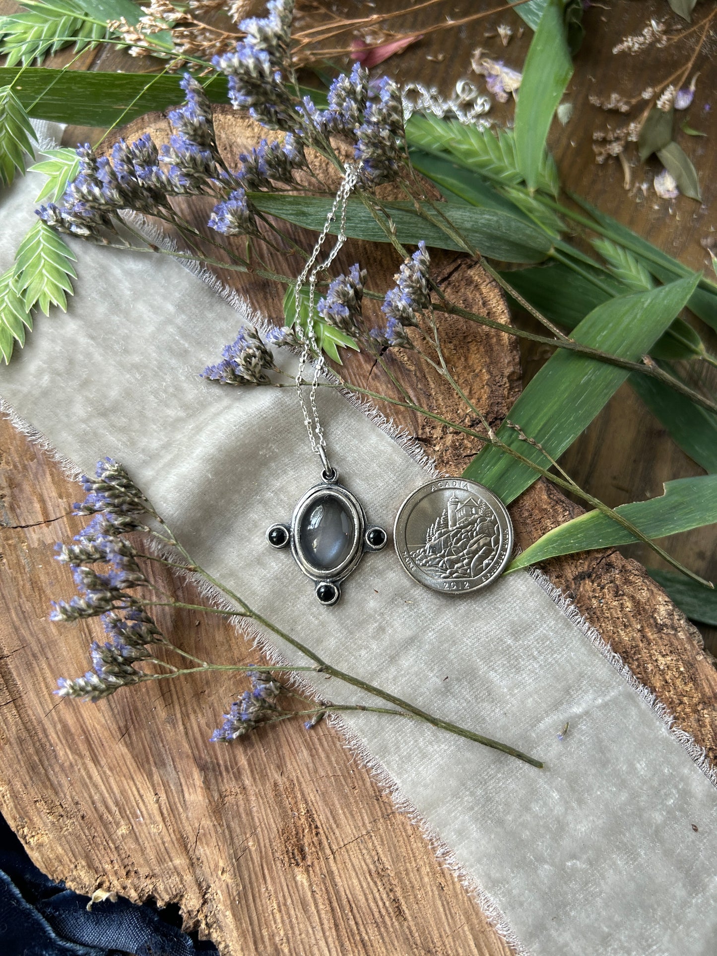 Weeping Willow Grey Moonstone and black onyx necklace- sterling silver jewelry