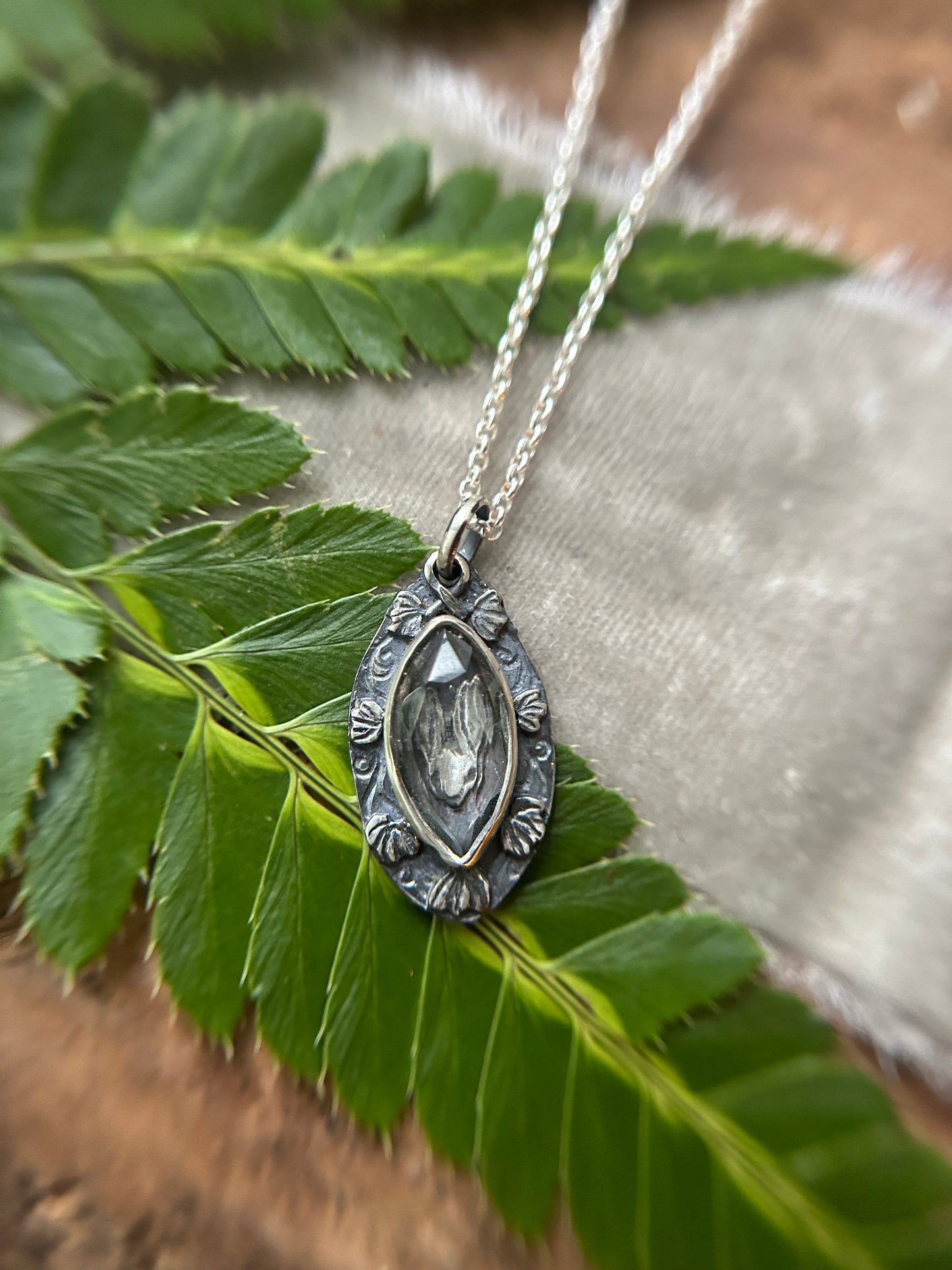 Rabbit in the ivy garden necklace with green amethyst- sterling silver jewelry