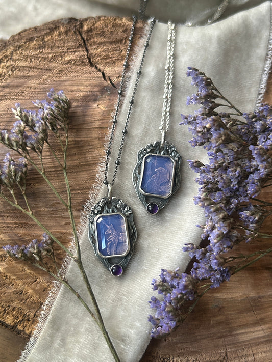 The Lilac Wood Unicorn (or other animal) under lavender quartz and amethyst Necklace- sterling silver jewelry