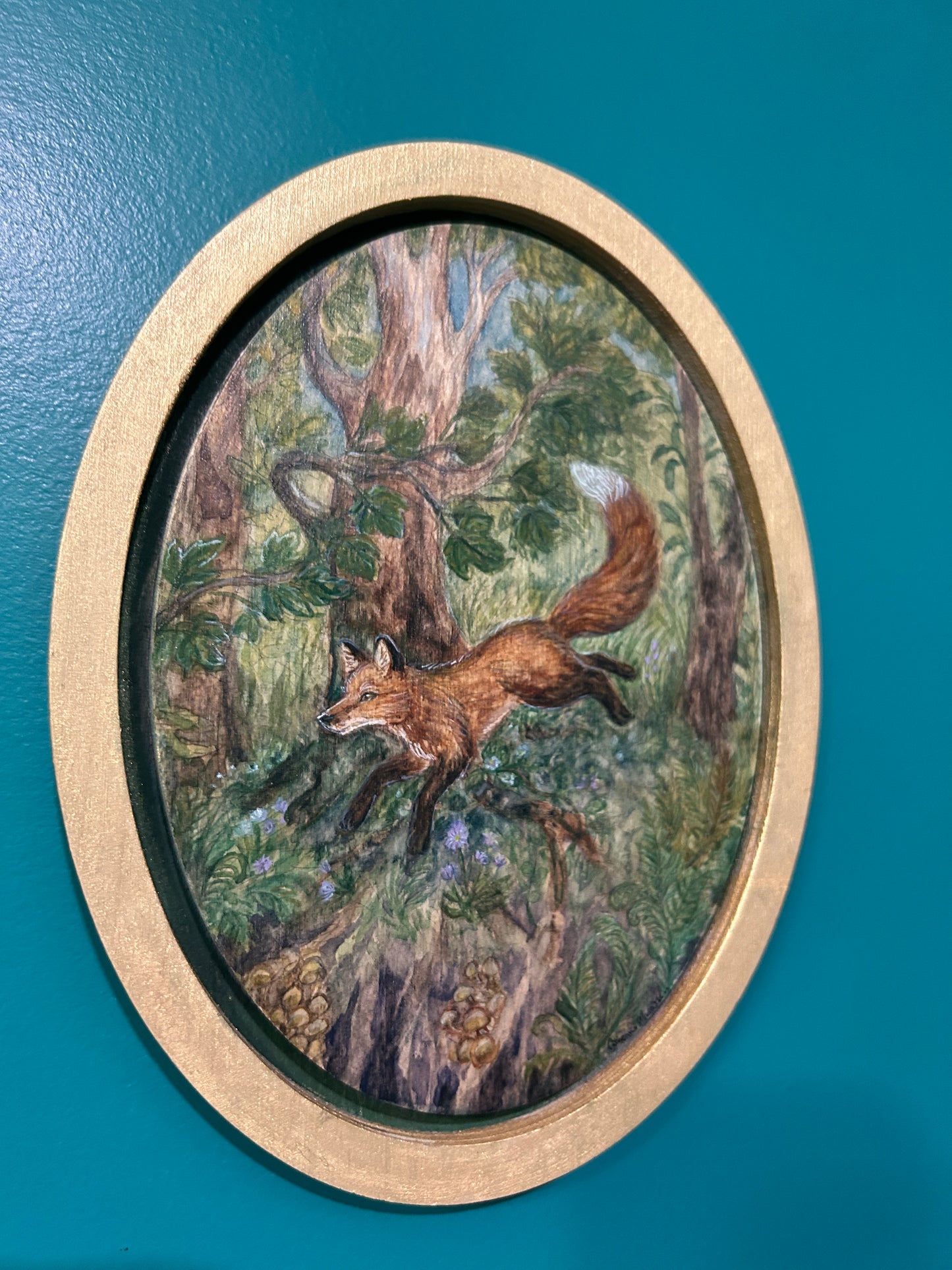 Fox Frolic through the Forest- Original watercolor painting on wood- oval shaped floating frame painting