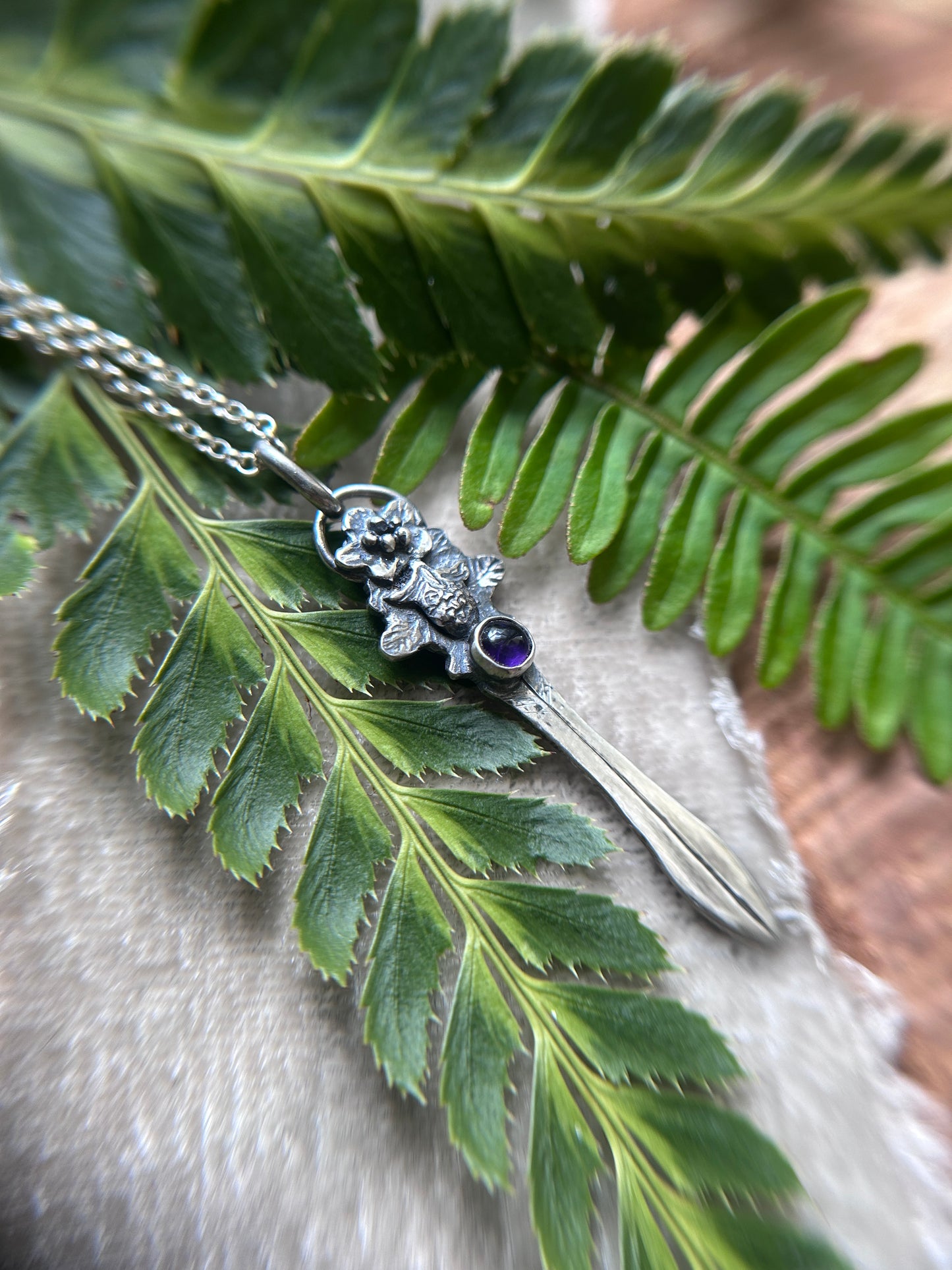 Blackberry bramble sword necklace with amethyst- Sterling silver jewelry