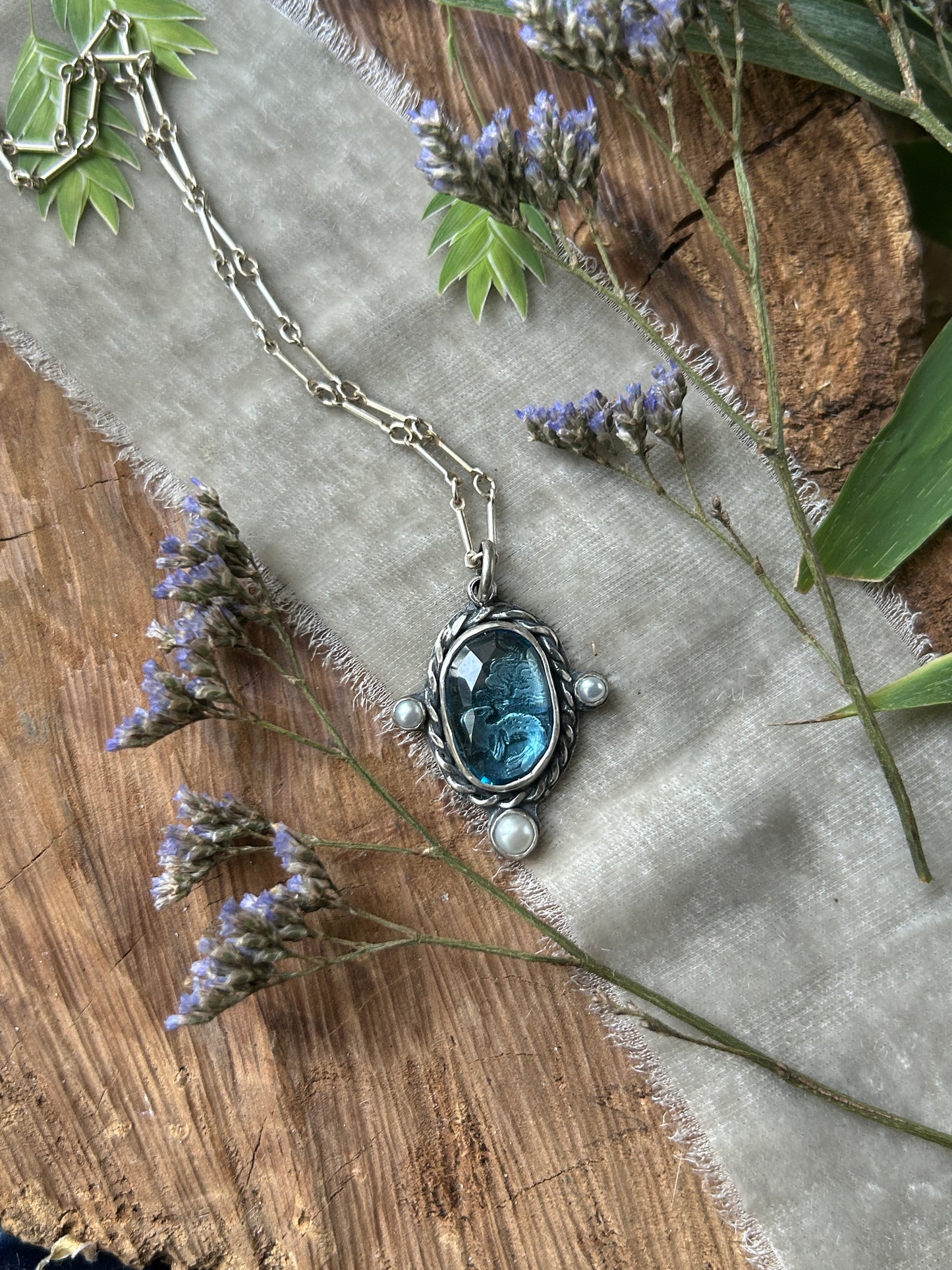 Seaside Selkie under London Blue topaz Necklace- sterling silver jewelry pearl accents
