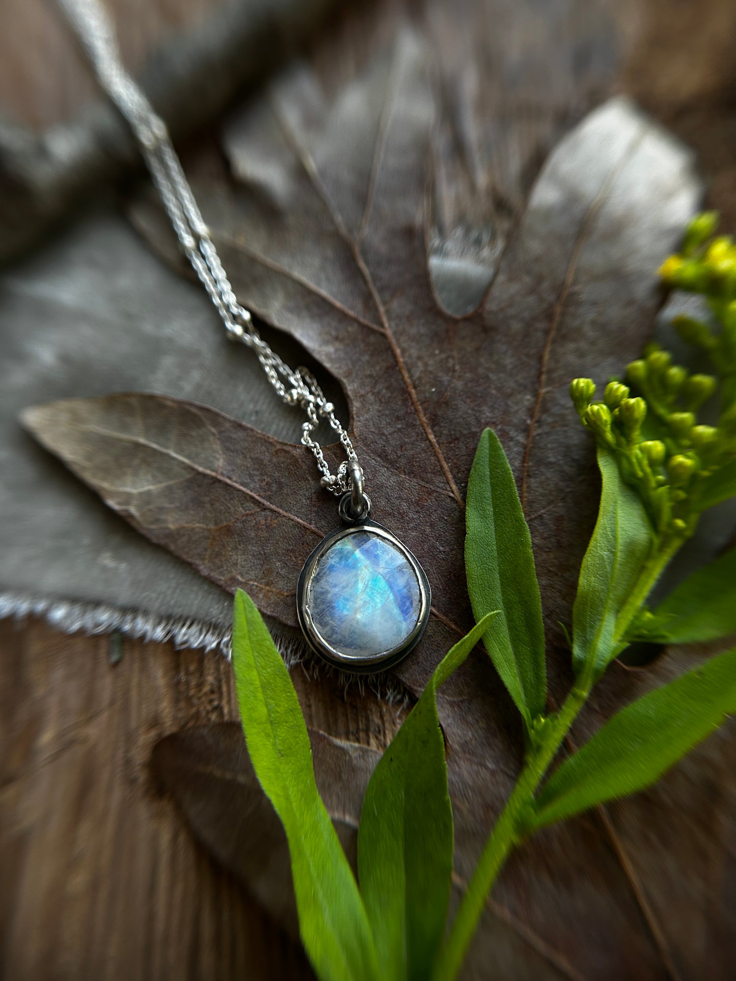 Rainbow moonstone hidden oak & acorn necklace- Sterling silver jewelry