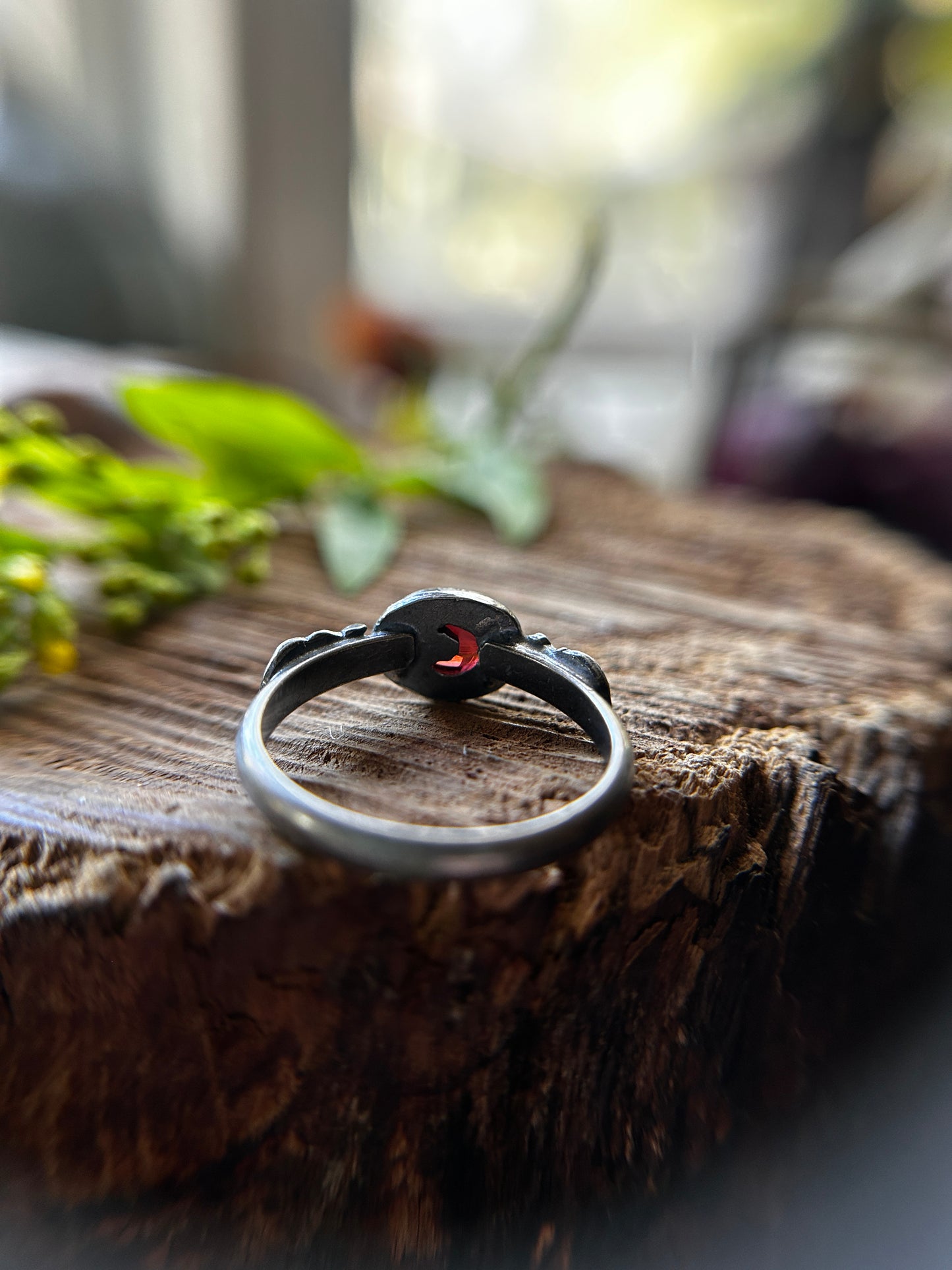 Pomegranate Garnet Ring with hidden moon- sterling silver jewelry
