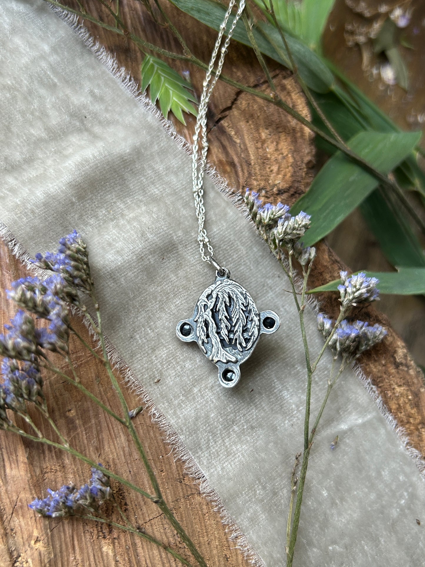 Weeping Willow Grey Moonstone and black onyx necklace- sterling silver jewelry