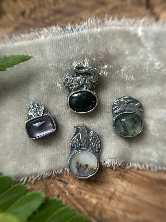 Woodland creature with gemstone- your choice of ring or pendant- sterling silver jewelry
