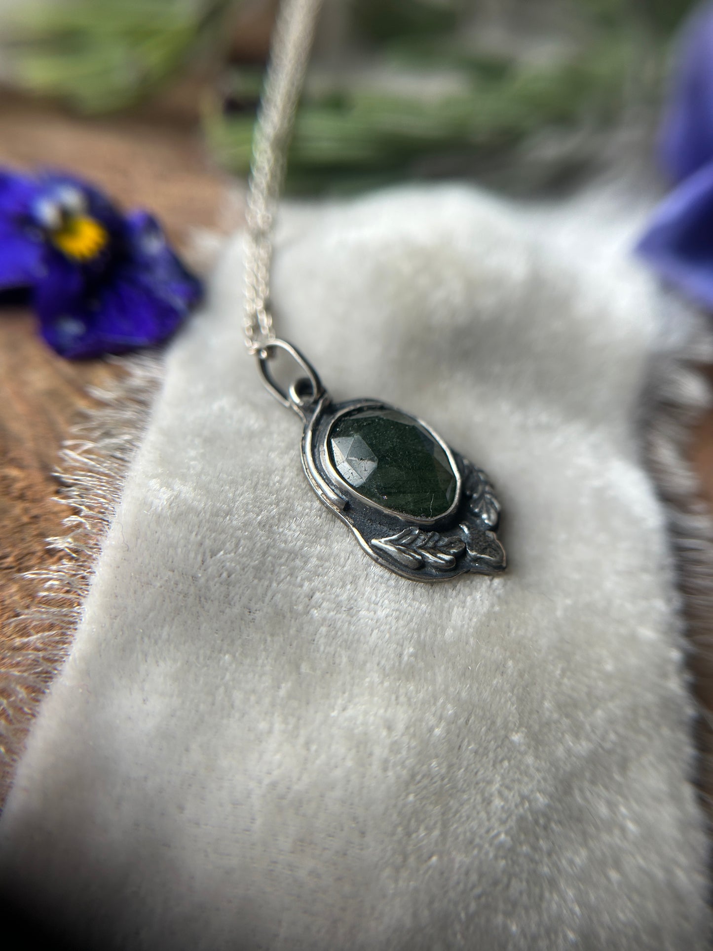 Green Rutilated Quartz Oak and Acorn Necklace with hibernating bear back- sterling silver jewelry