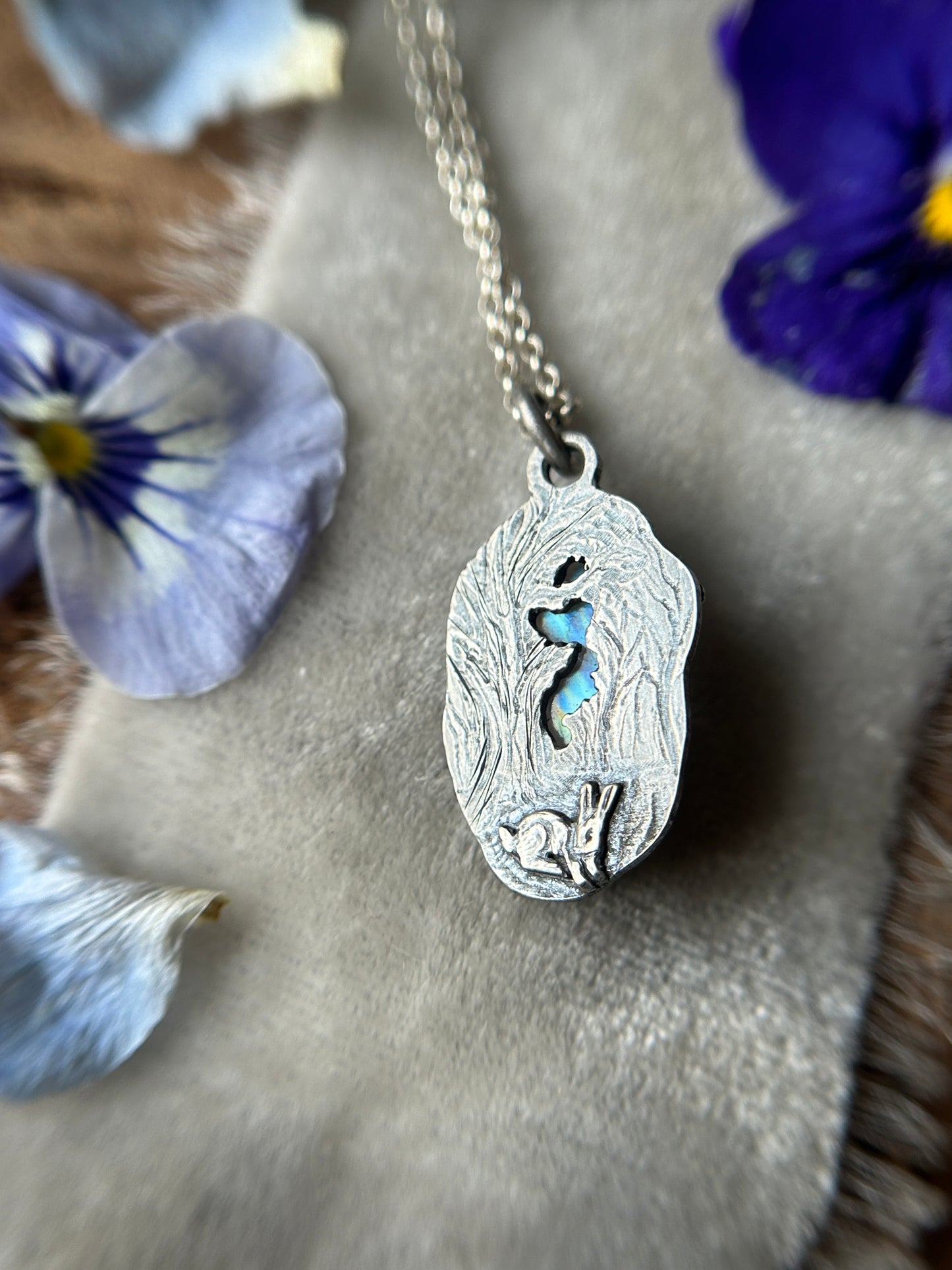 Rainbow Moonstone with Cedar Branches Necklace- sterling silver