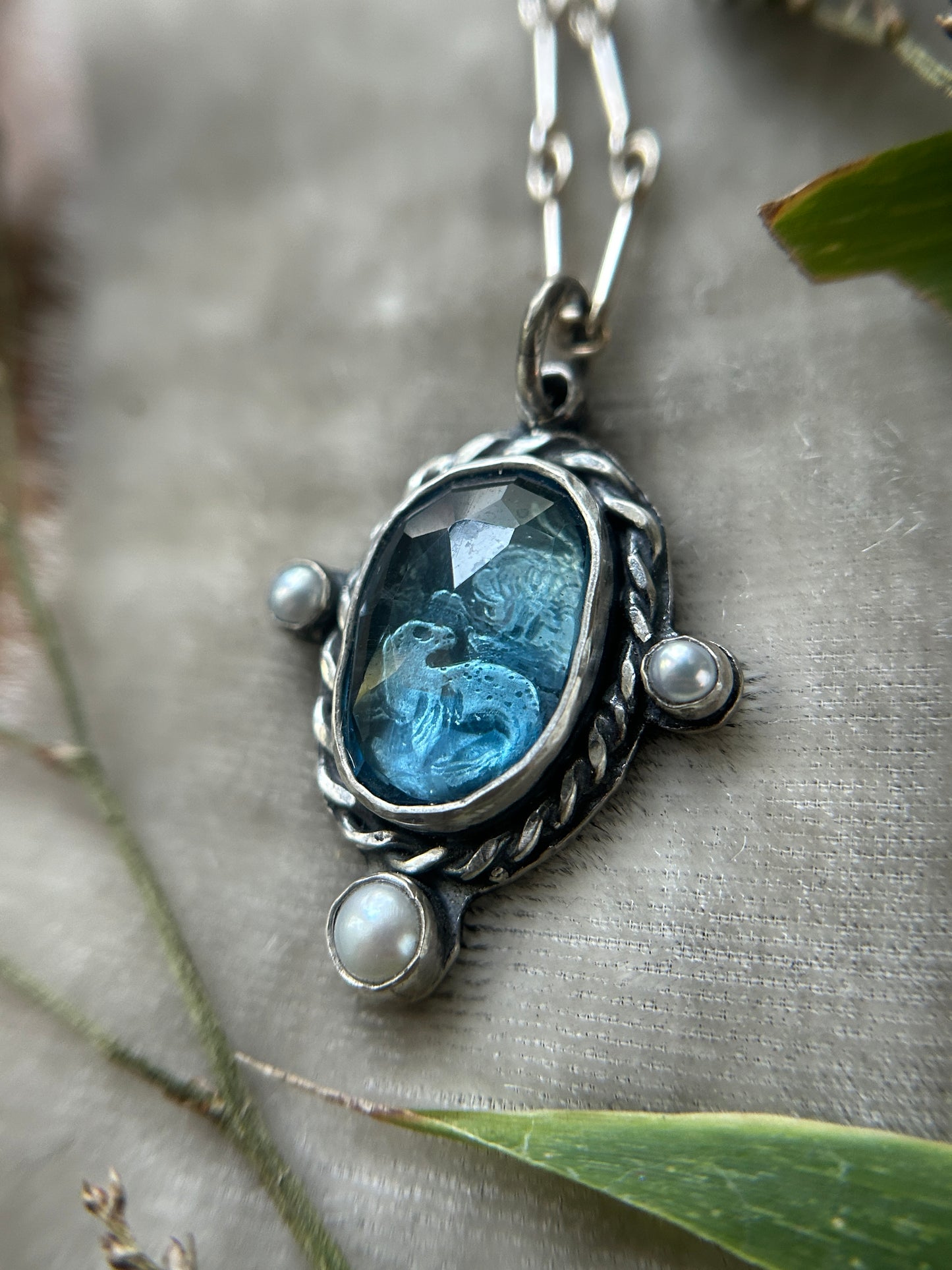 Seaside Selkie under London Blue topaz Necklace- sterling silver jewelry pearl accents