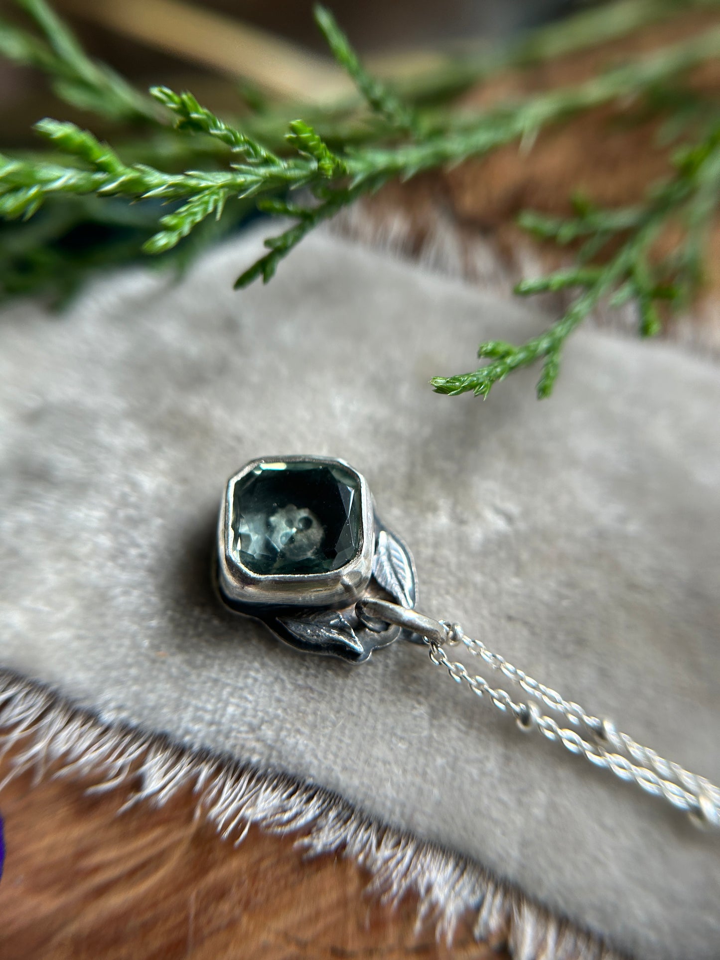 Green Amethyst Skull and Leaves Necklace- sterling silver