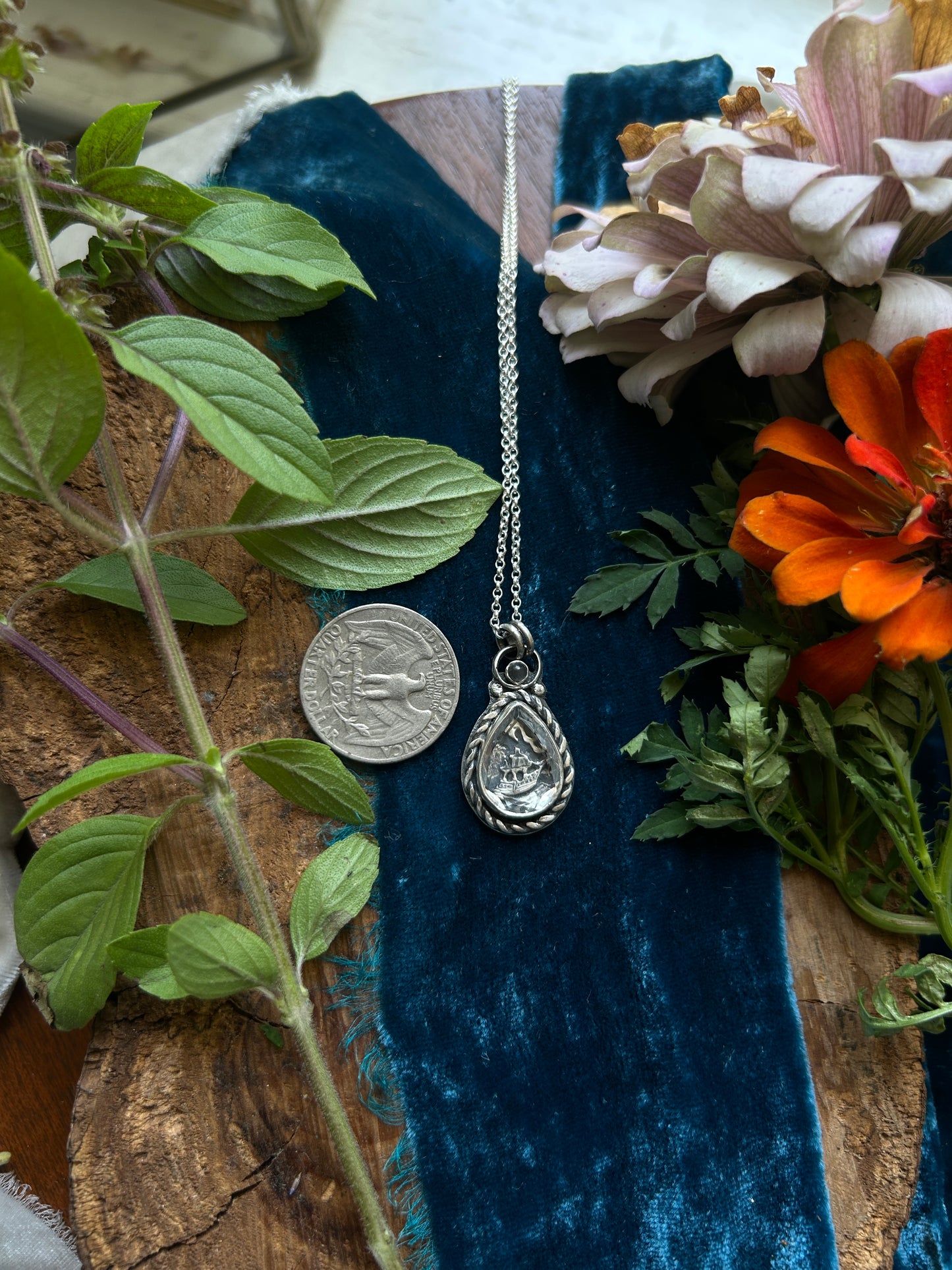 Sailing Ship through the Tempest - portrait cut quartz with grey moonstone- sterling silver jewelry