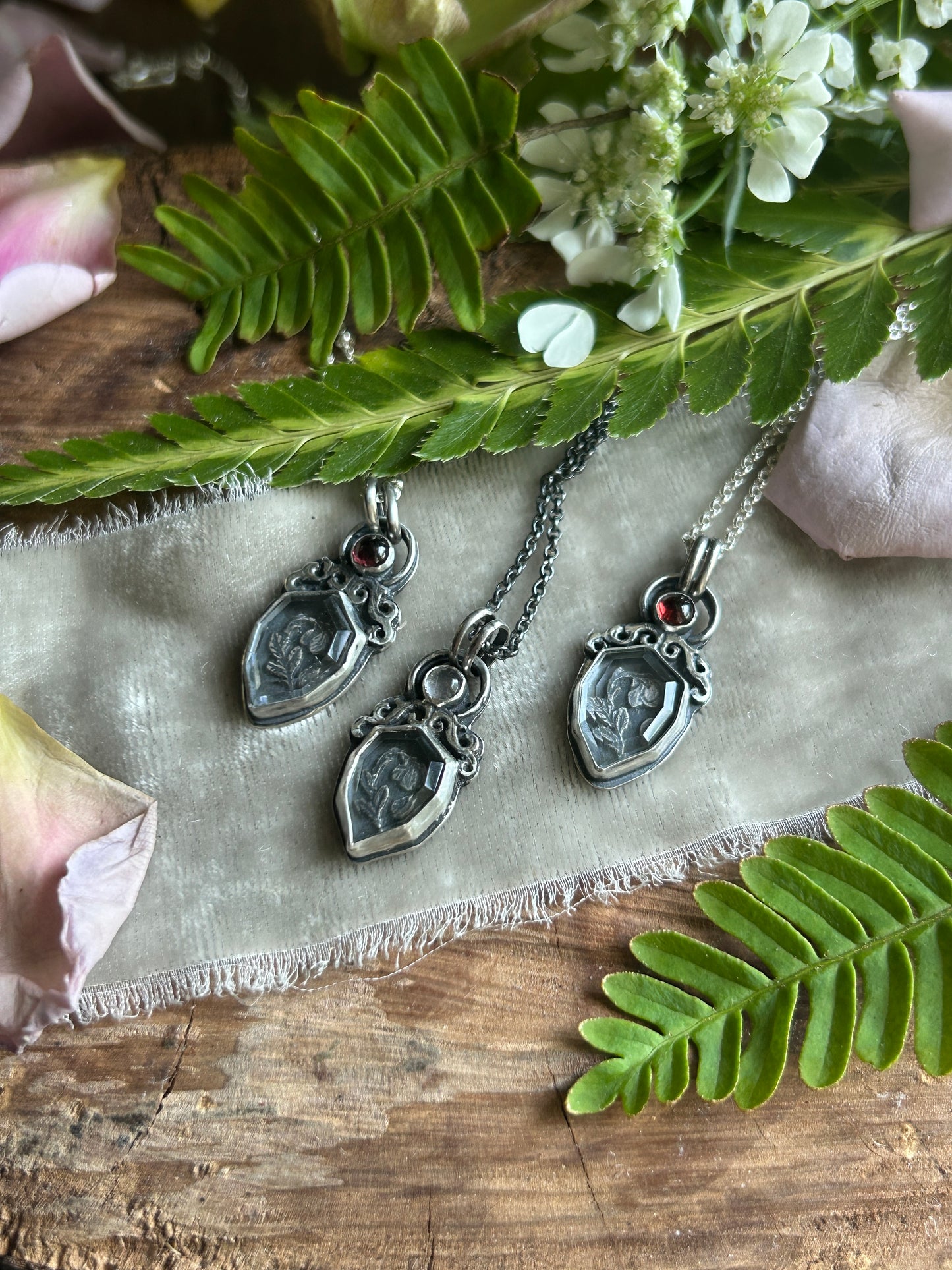 Enchanted rose necklace with portrait cut quartz & choice of garnet or rose quartz- Sterling silver jewelry